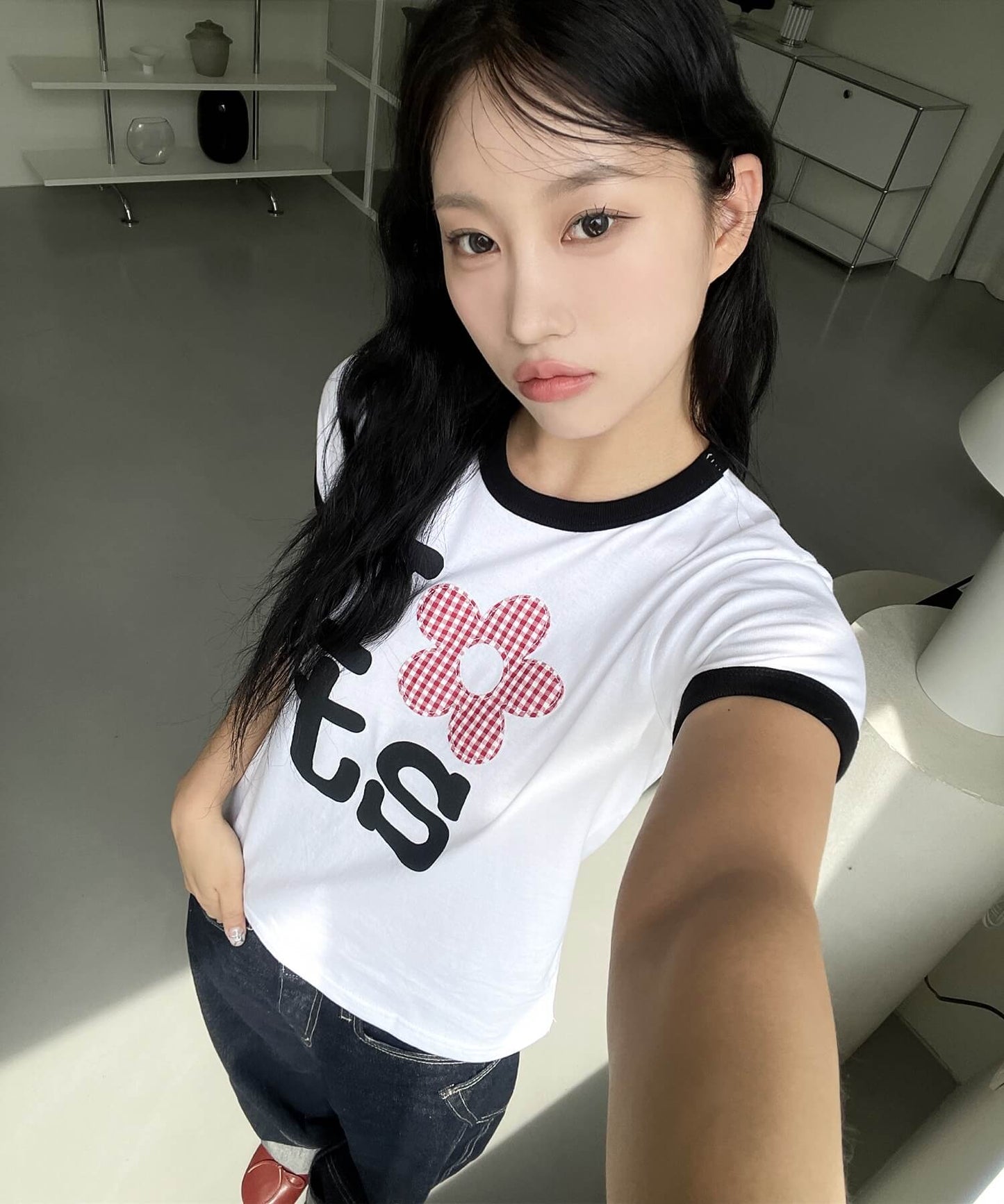 チェックパターンユニークフラワーアプリケットロゴクロップド半袖Ｔシャツ