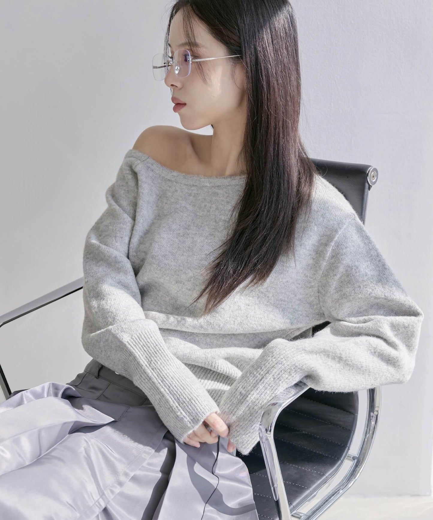 カシミアアンバランスワンショルダーリブニット