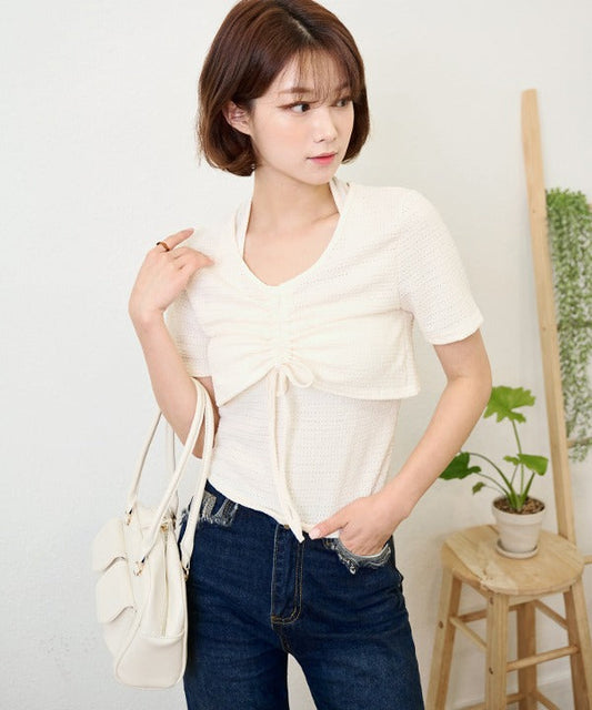 ホルターネックキャミソールSETフロントシャーリングリボン半袖Tシャツ