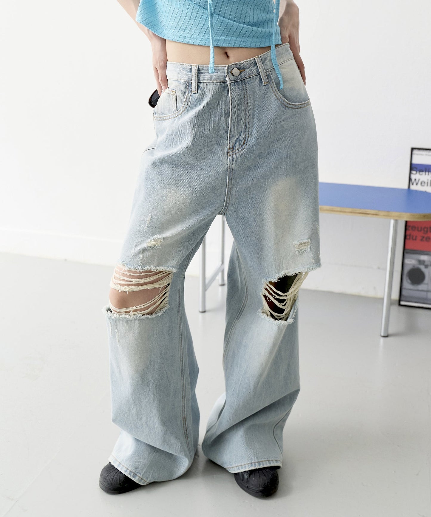 【UNISEX】ビンテージウォッシングダメージワイドデニムパンツ