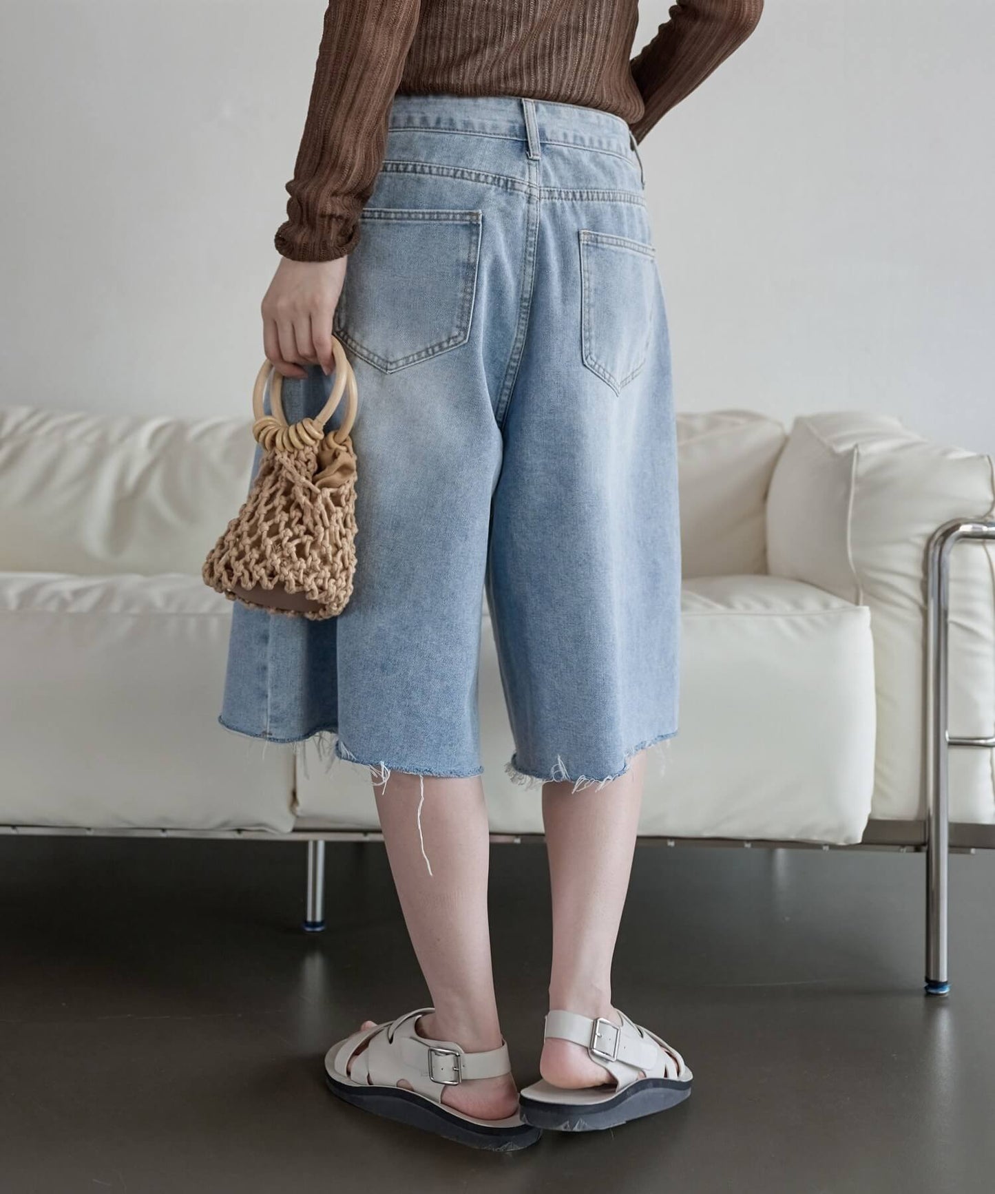 【ユニセックス着用可能】腰履きカットオフバミューダワイドビンテージデニムハーフパンツ