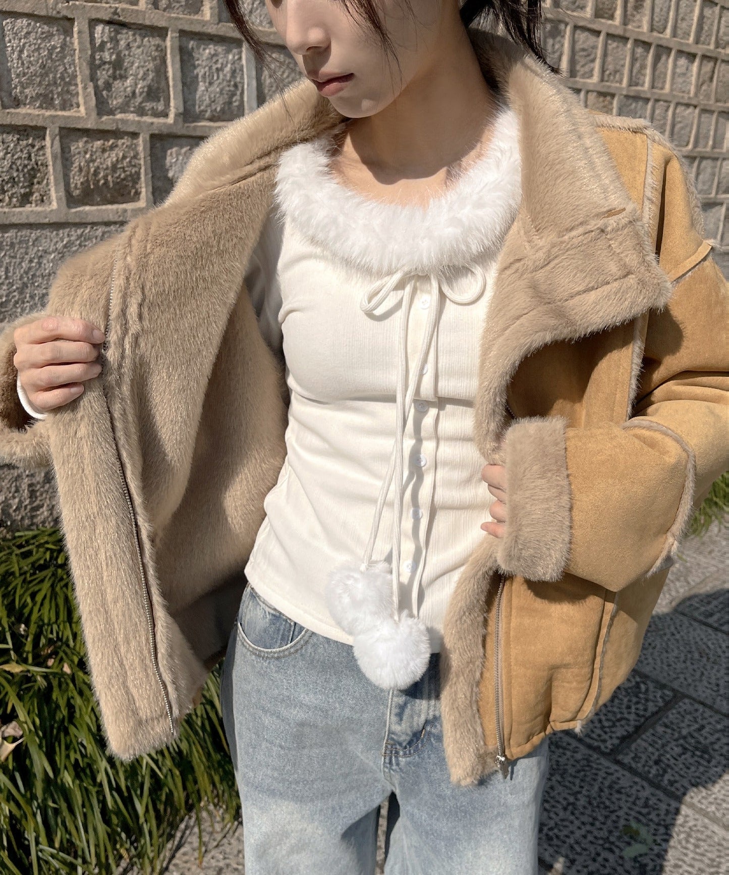 【ハイネック＆襟ありを楽しめる2way仕様】バイカラーラインハイネックムートンコート