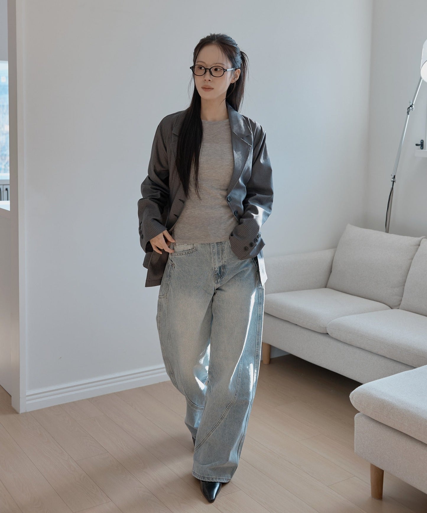 【レイヤードコーデにおすすめ】ベーシックテンセルラップラウンドルーズ長袖レイヤードTシャツカットソー