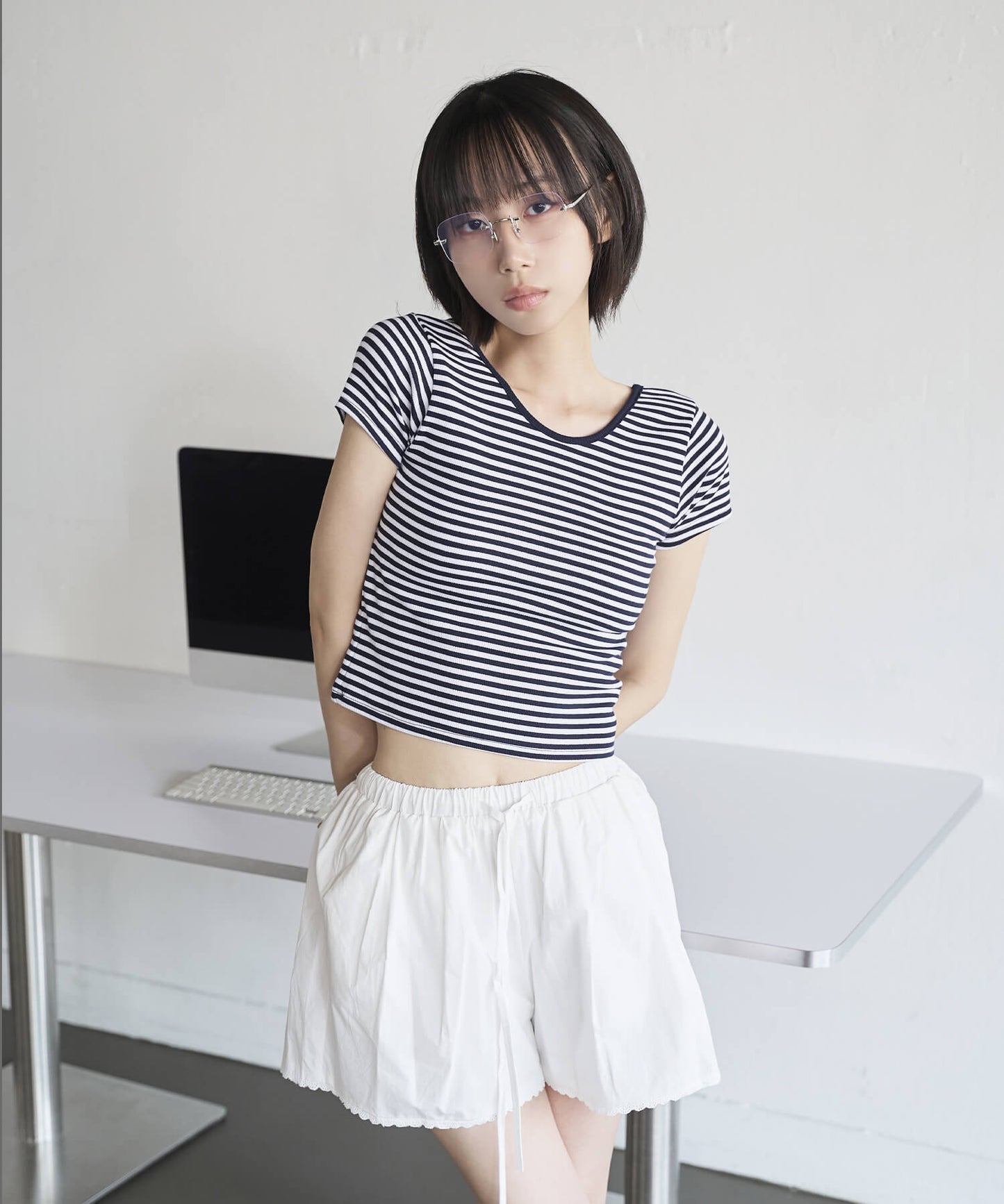 バックストリングUネックボーダーリブニット半袖Tシャツ