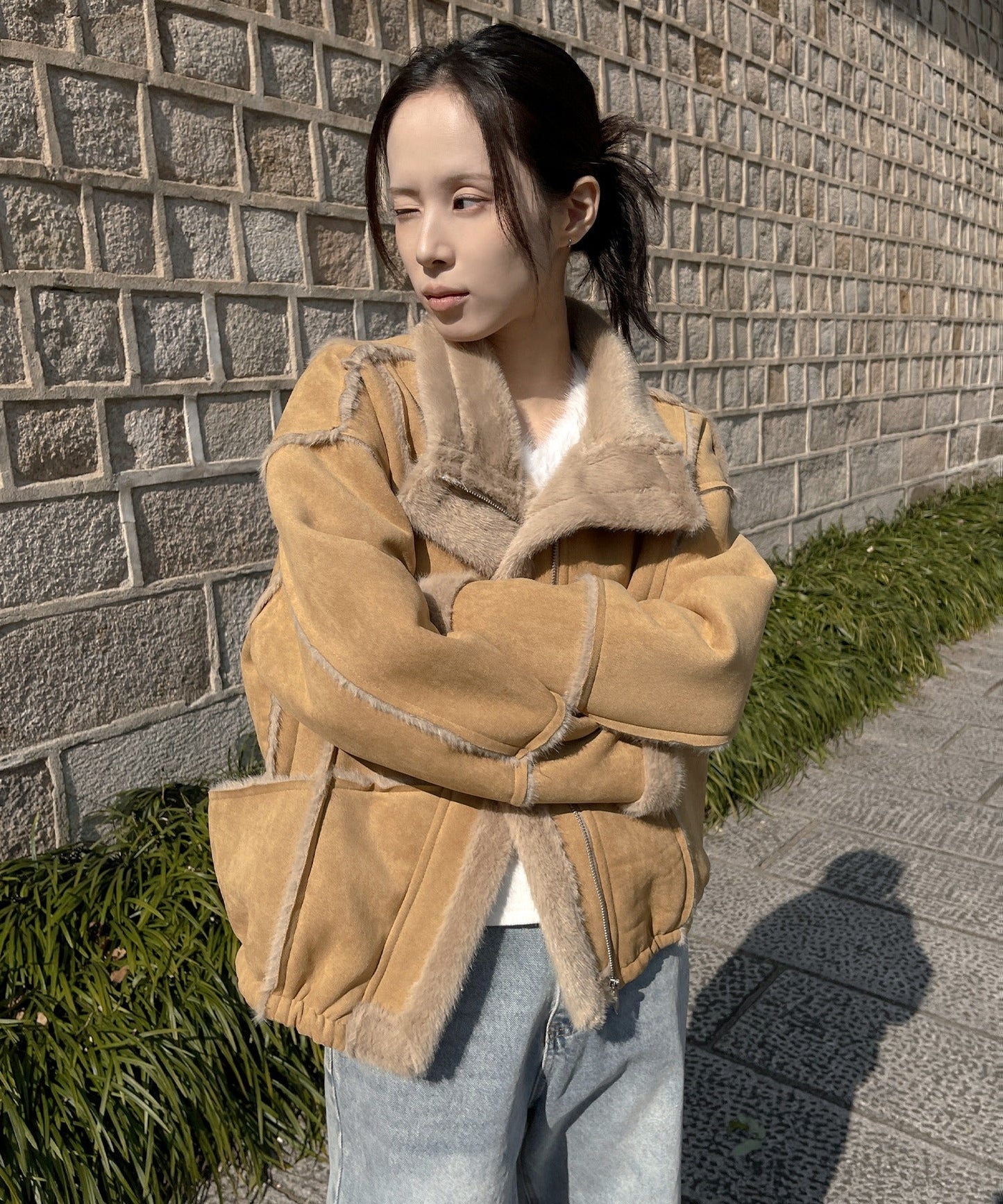 【ハイネック＆襟ありを楽しめる2way仕様】バイカラーラインハイネックムートンコート