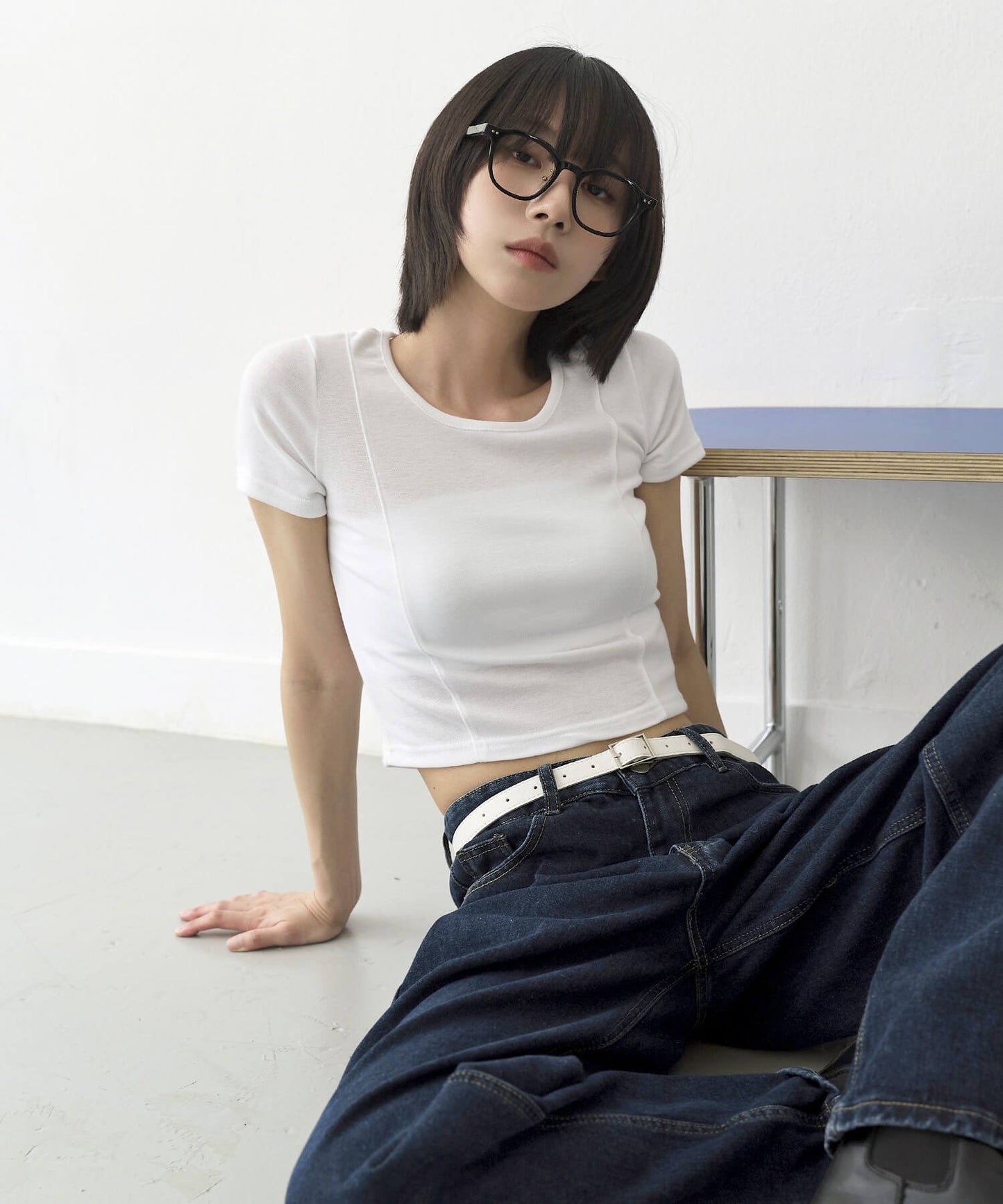 フロントダブルスリムラインクロップドＴシャツカットソー