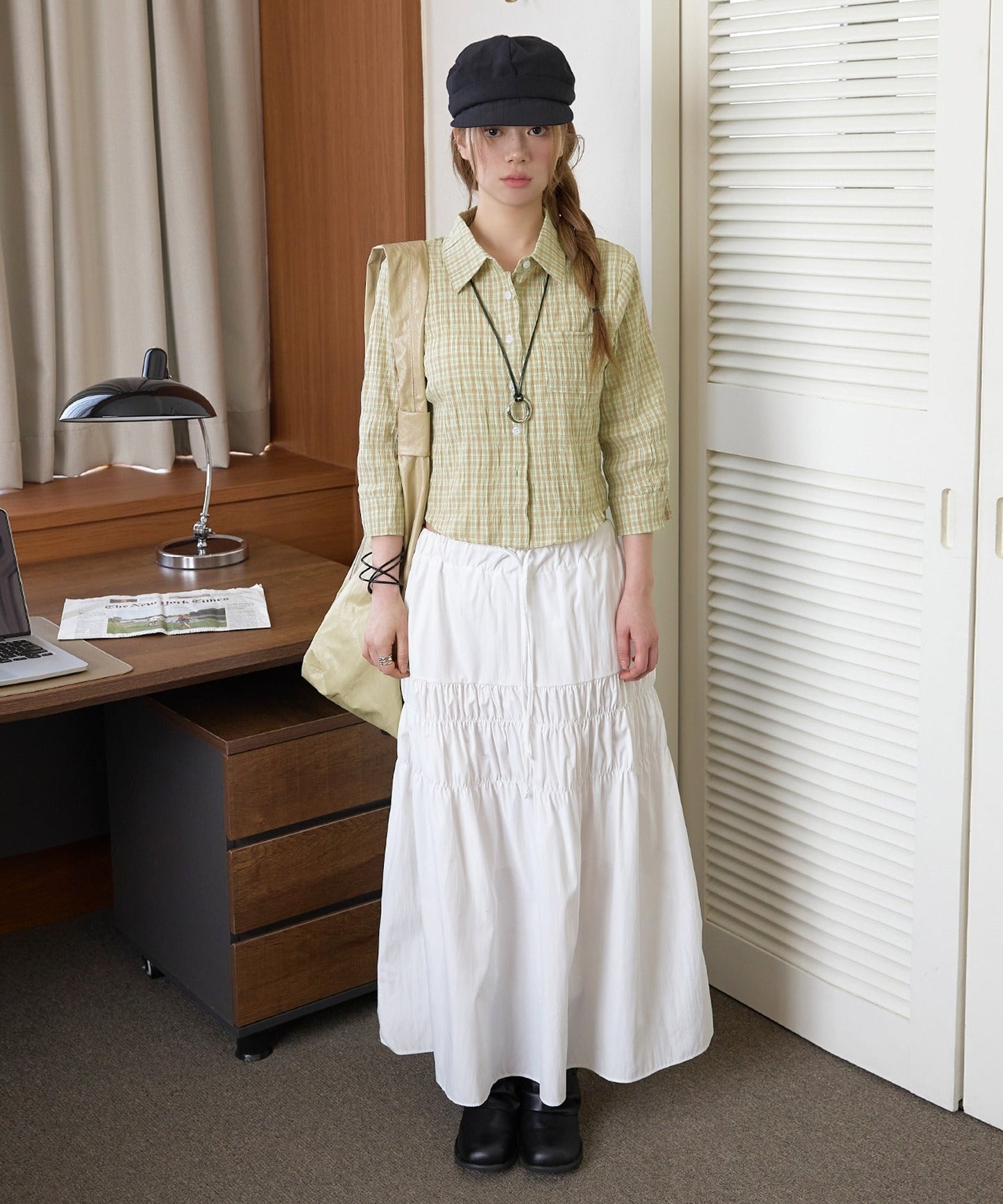 七分丈ベーシックセミクロップドチェックシャツ