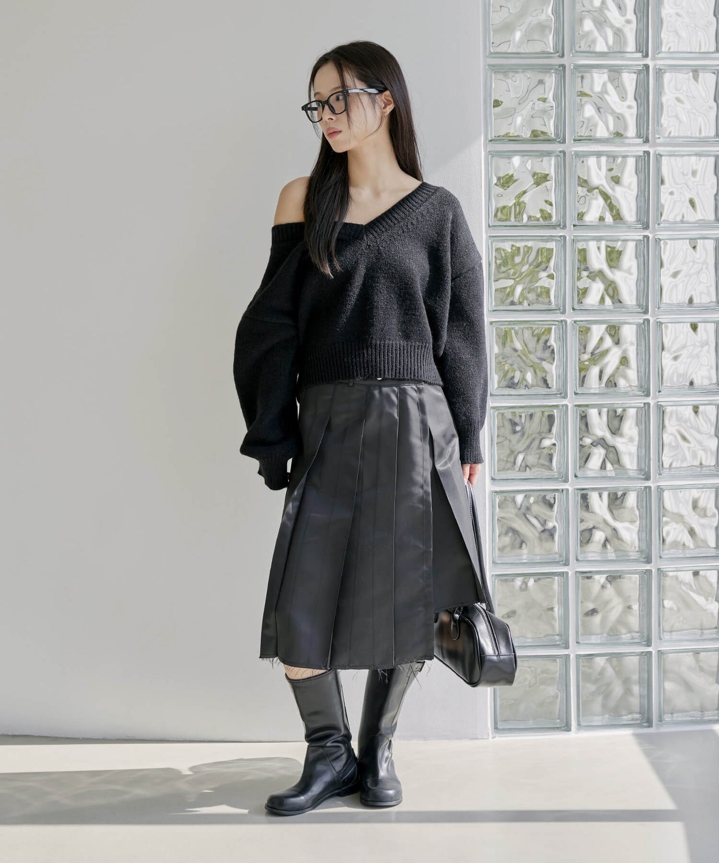サイズ調節可能アンバランススナッププリーツラップスカート