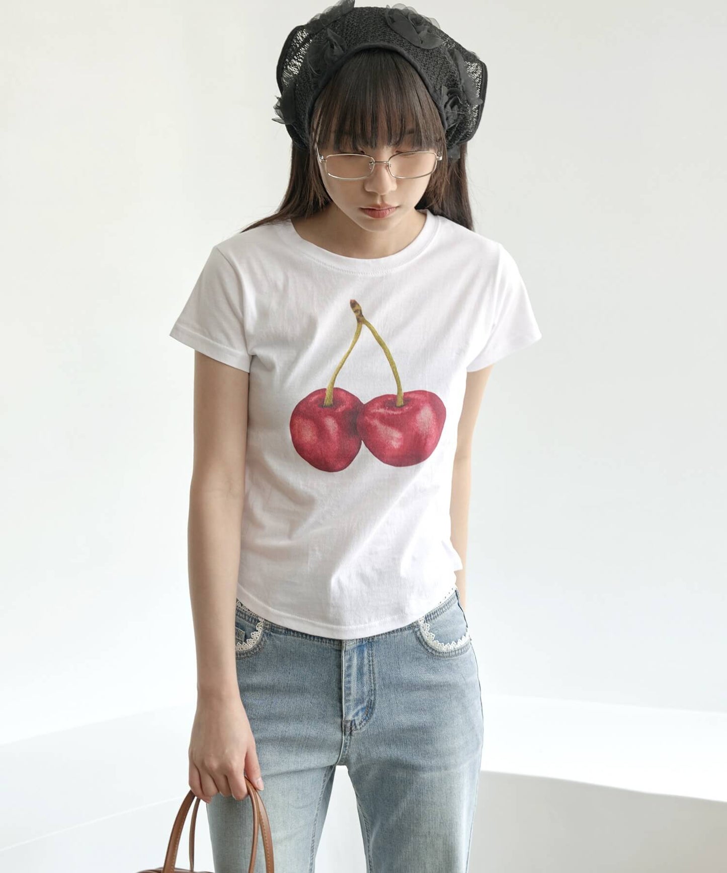 【UNE ORIGINAL】 サイドラウンドスリットフルーツプリントミニチビTシャツカットソー