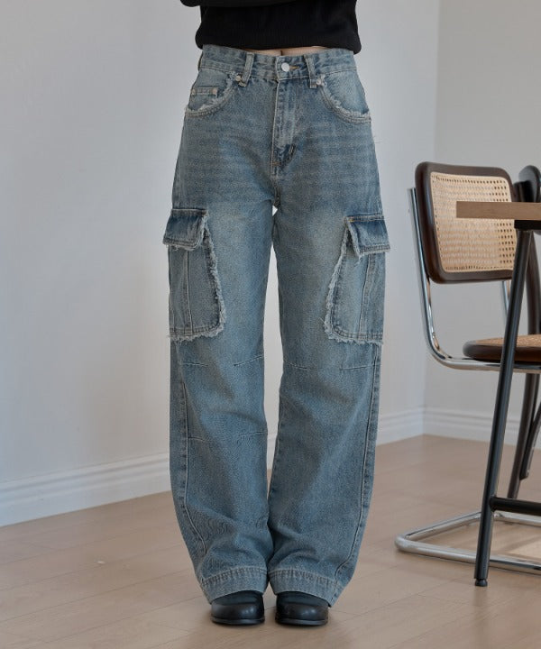 フリンジユニークラインカーゴストレートデニムパンツ