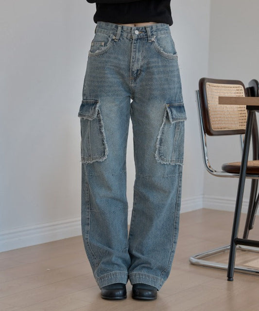 フリンジユニークラインカーゴストレートデニムパンツ