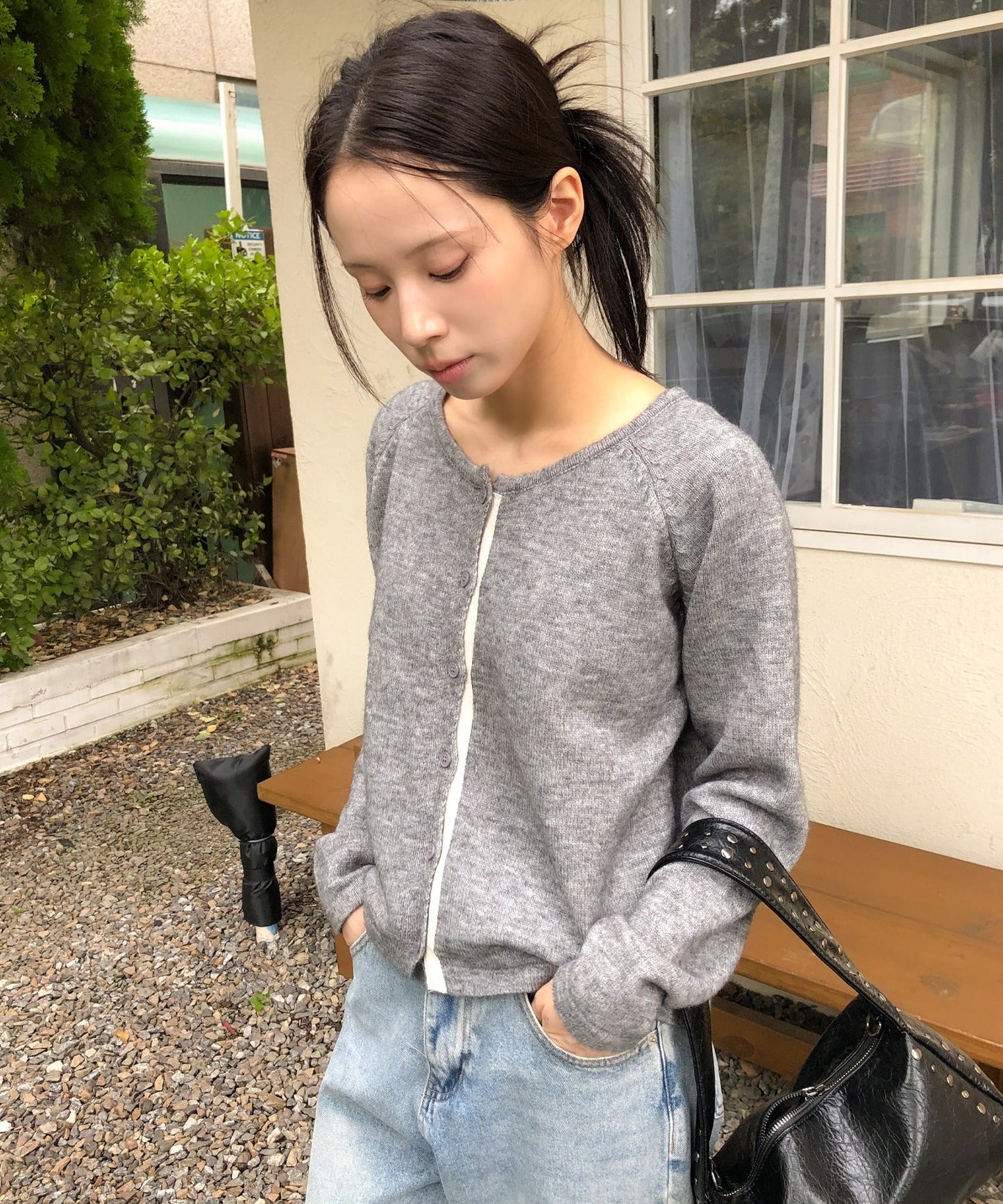 バイカラーラインラウンドネックニットカーディガン