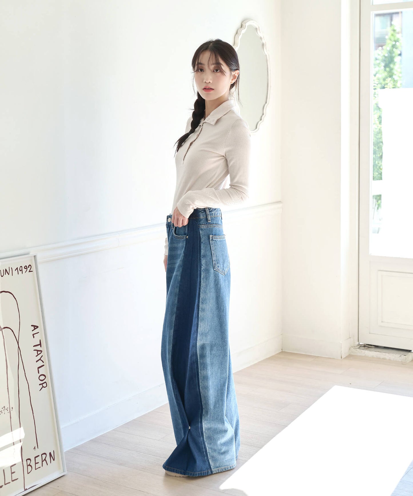 [UNE ORIGINAL] 2WAYバイカラー配色ウォッシングスリムワイドデニムパンツ