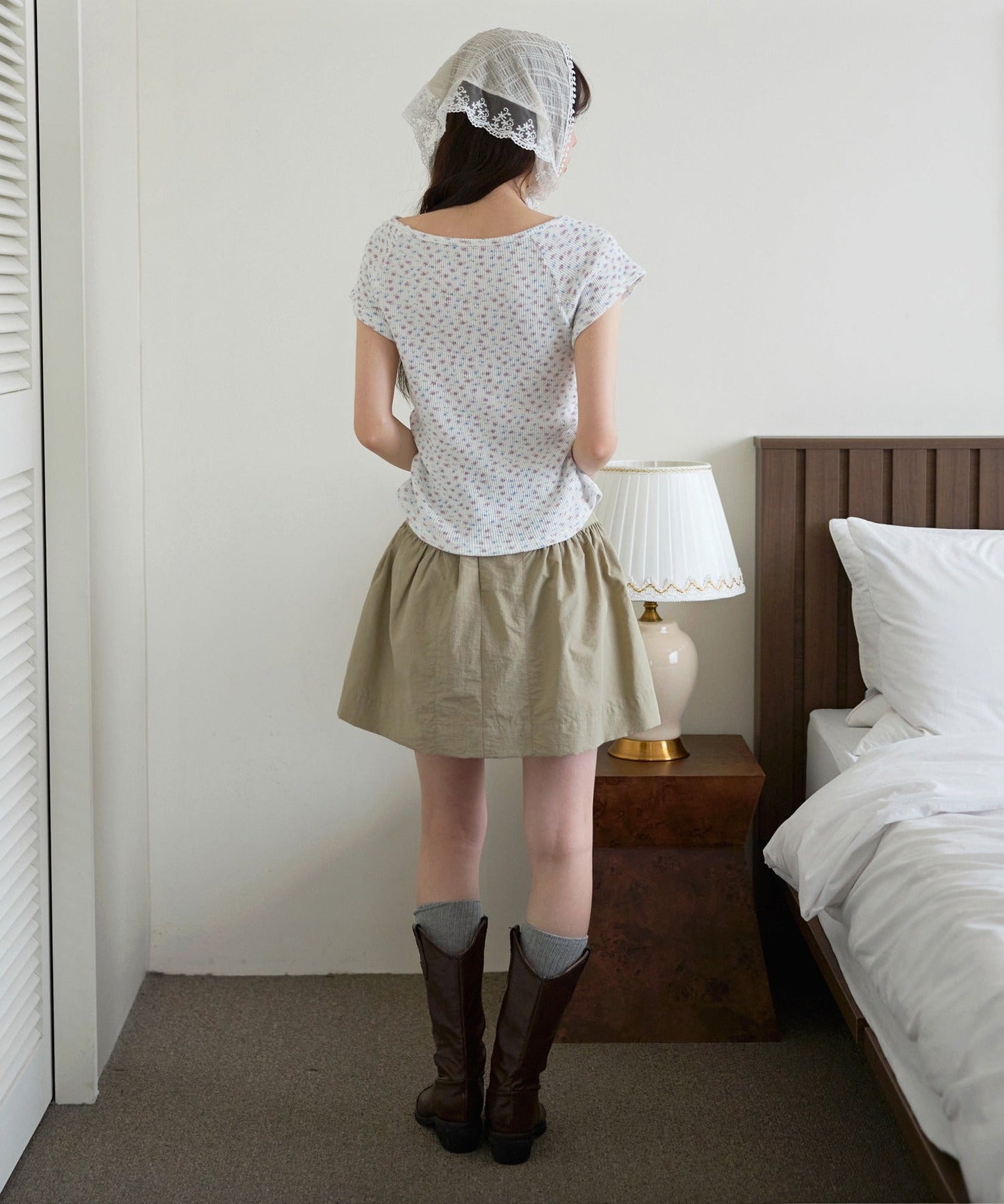 【オリジナル】【ボートネック/ワンショルダー】ワッフル素材×花柄パターンサイドシャーリングTシャツカットソー