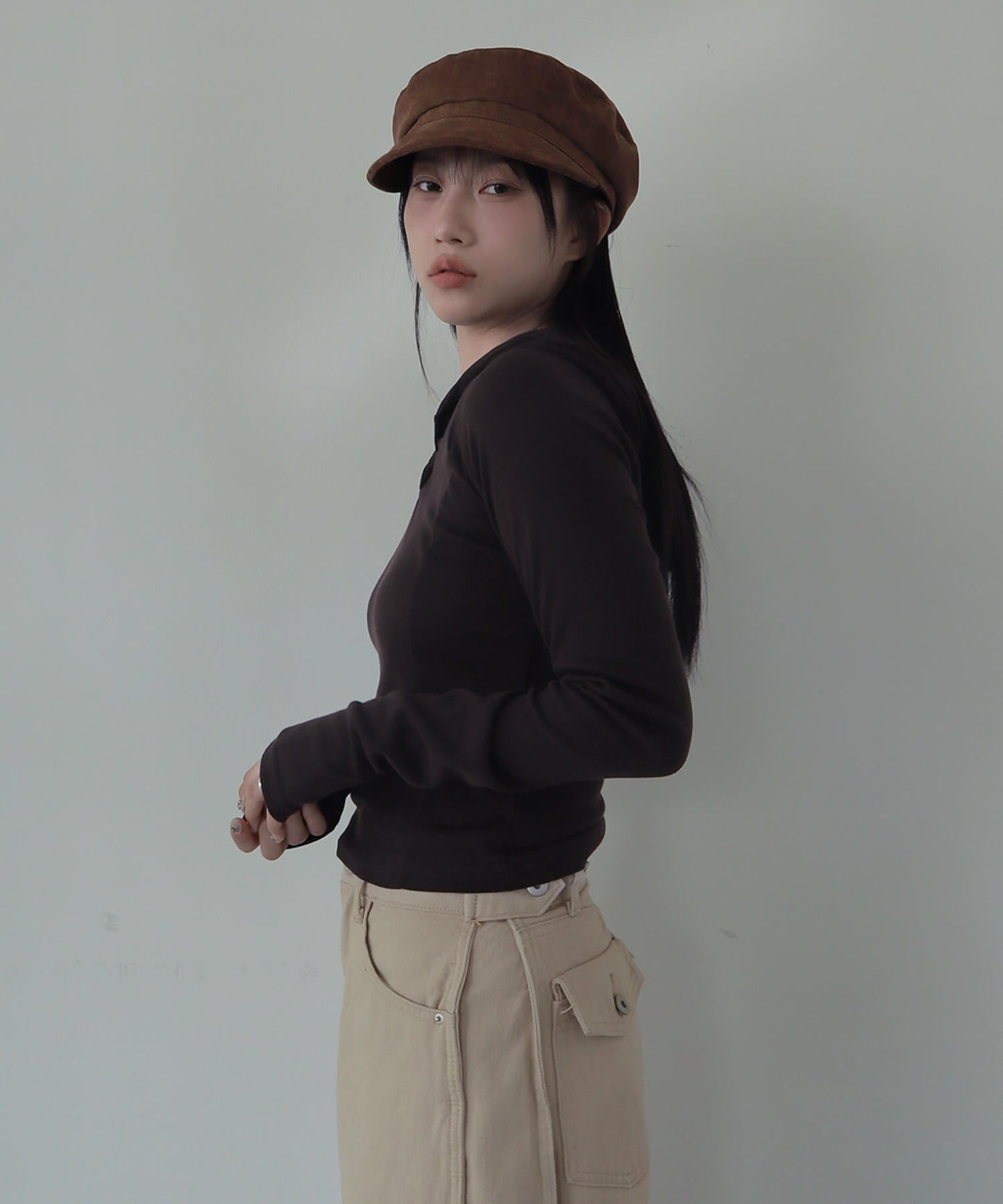 シルバーボタンリブフード長袖Tシャツカットソー
