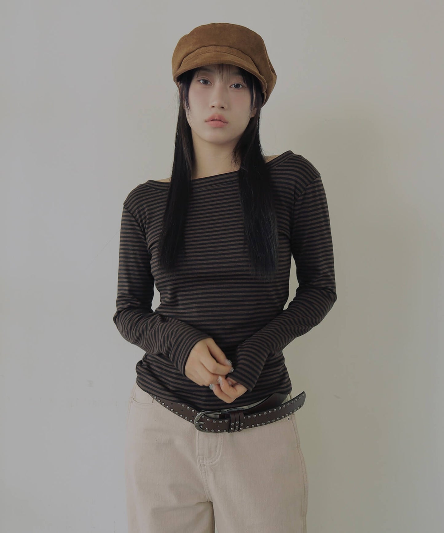 ストライプワンショルダー長袖Tシャツカットソー