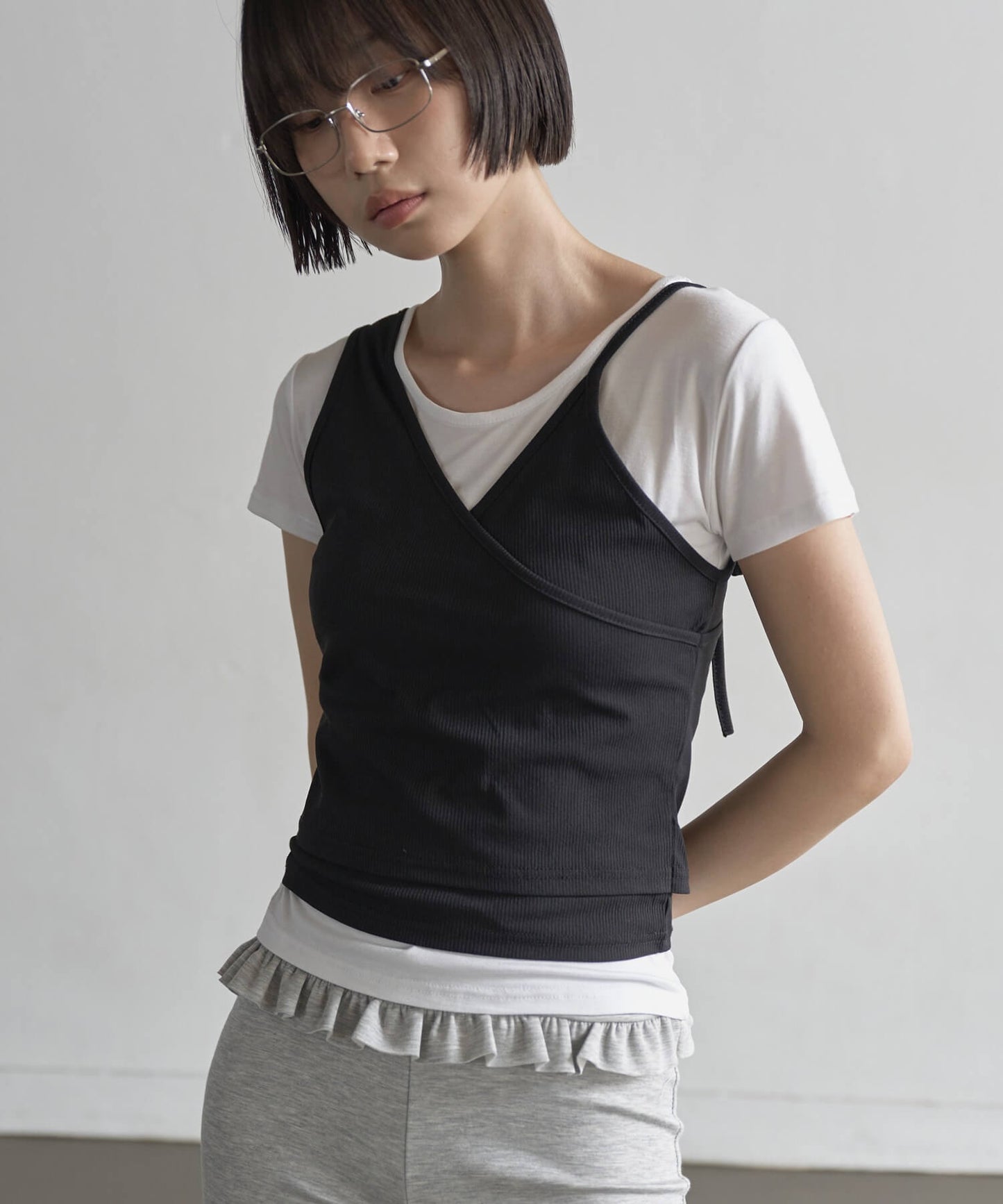 【UNE ORIGINAL】 2WAYユニークラブリーリブキャミソールビスチェ＆インナーTシャツカットソーSET
