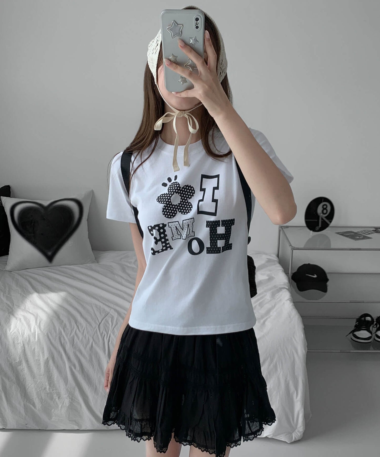 アロップホームDOTパターンフラワーアプリケットロゴクロップド半袖Ｔシャツ