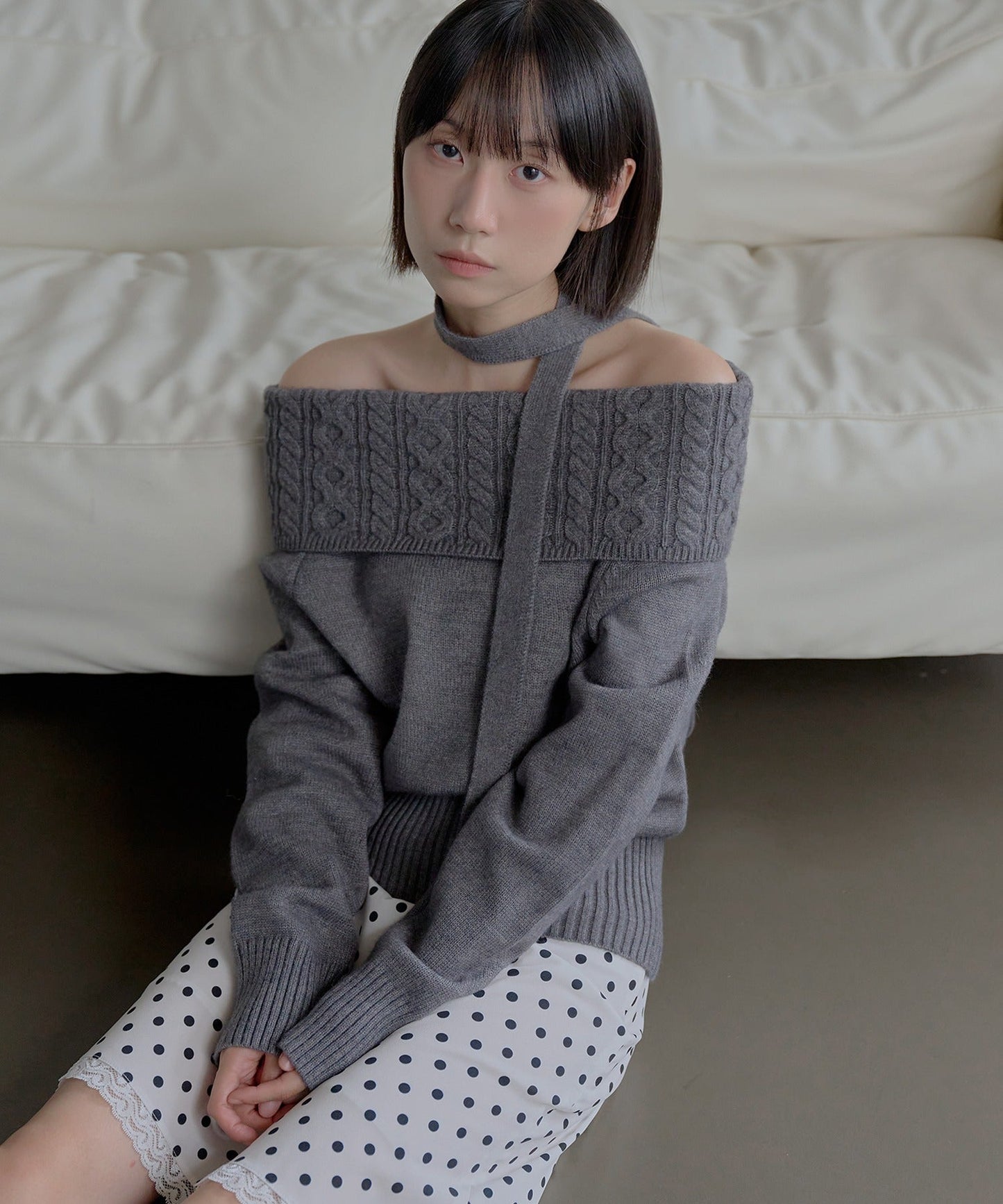 マフラーSET編み模様デザインオフショルダーニット