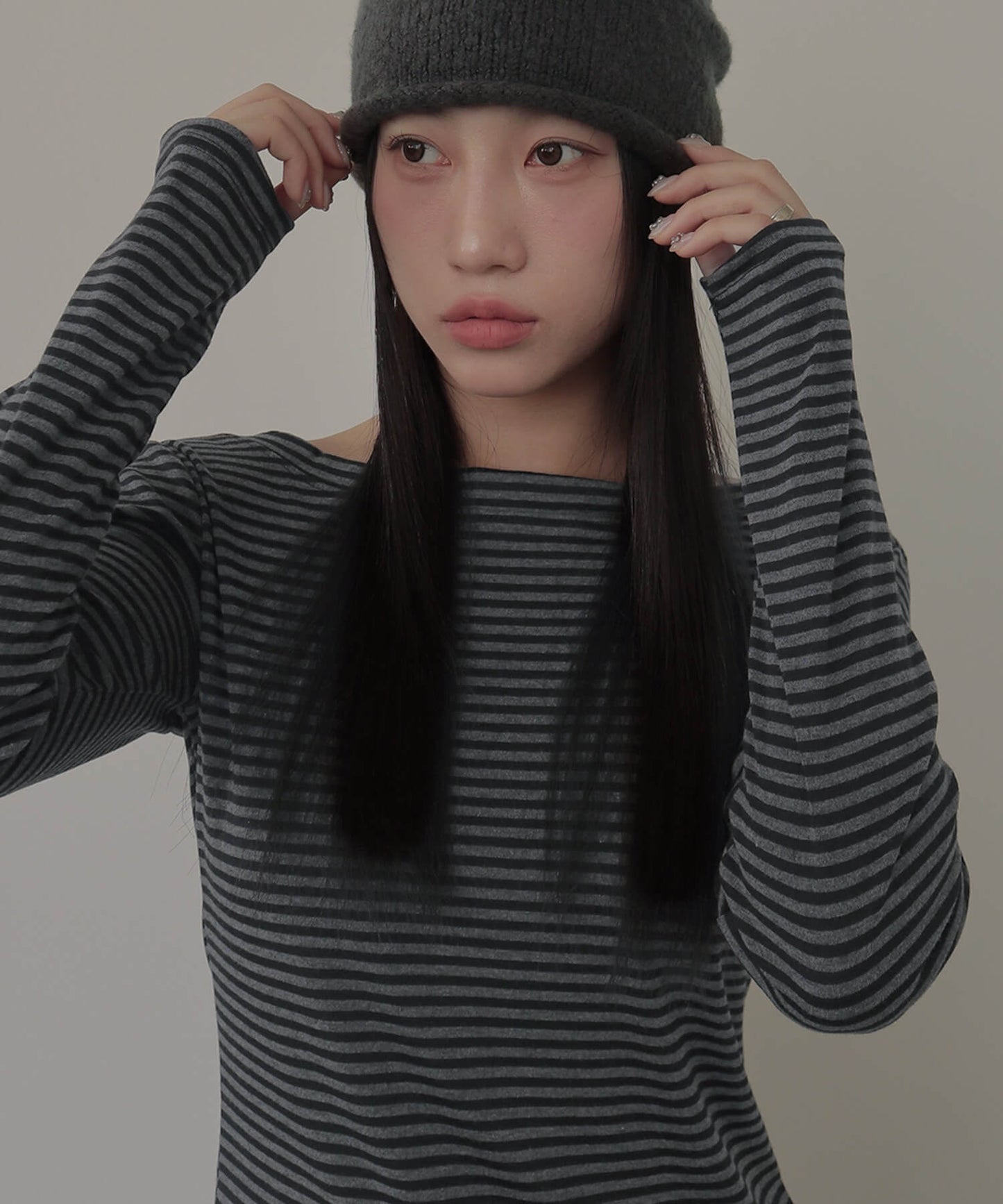 ストライプワンショルダー長袖Tシャツカットソー