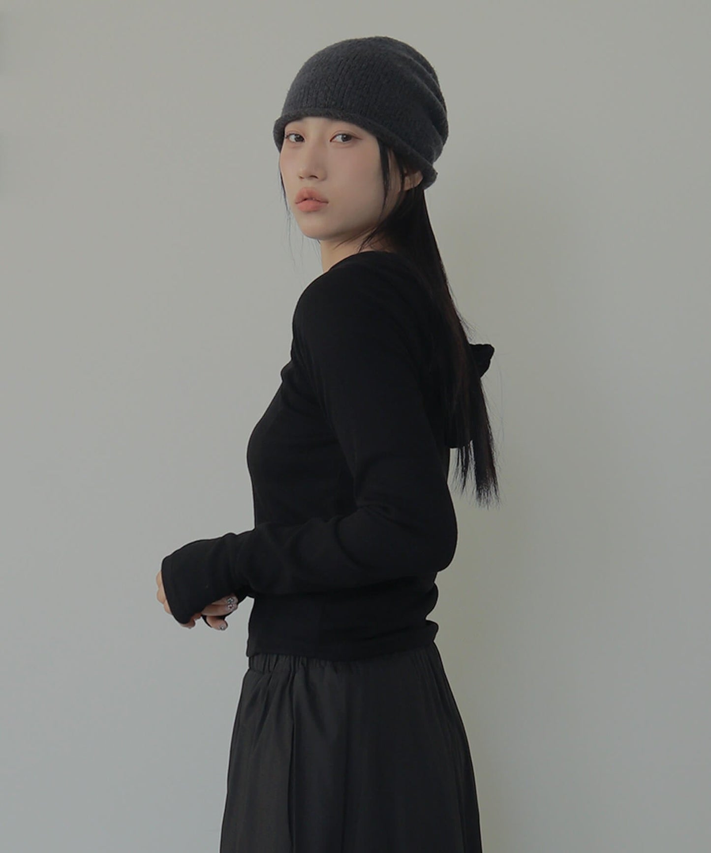 シルバーボタンリブフード長袖Tシャツカットソー