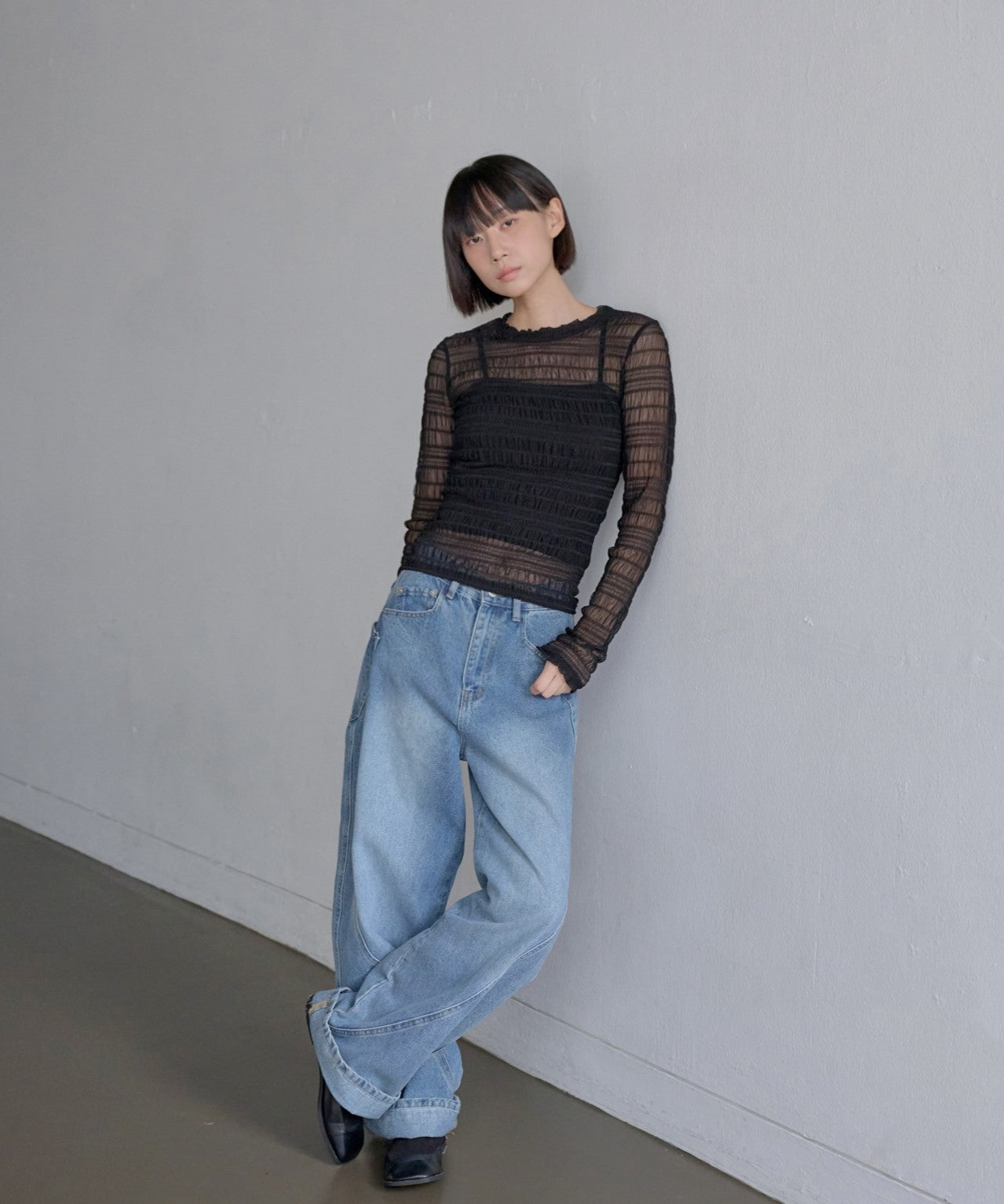 【レイヤード用おすすめ】ユニークボーダースモークシースルーカットソー