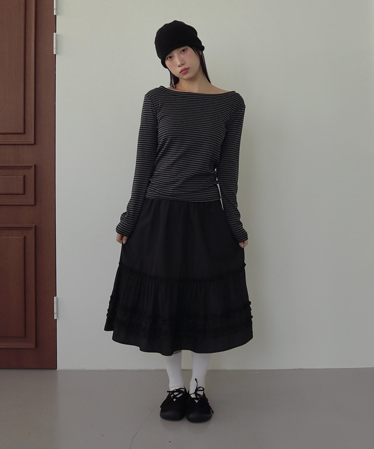 ストライプワンショルダー長袖Tシャツカットソー
