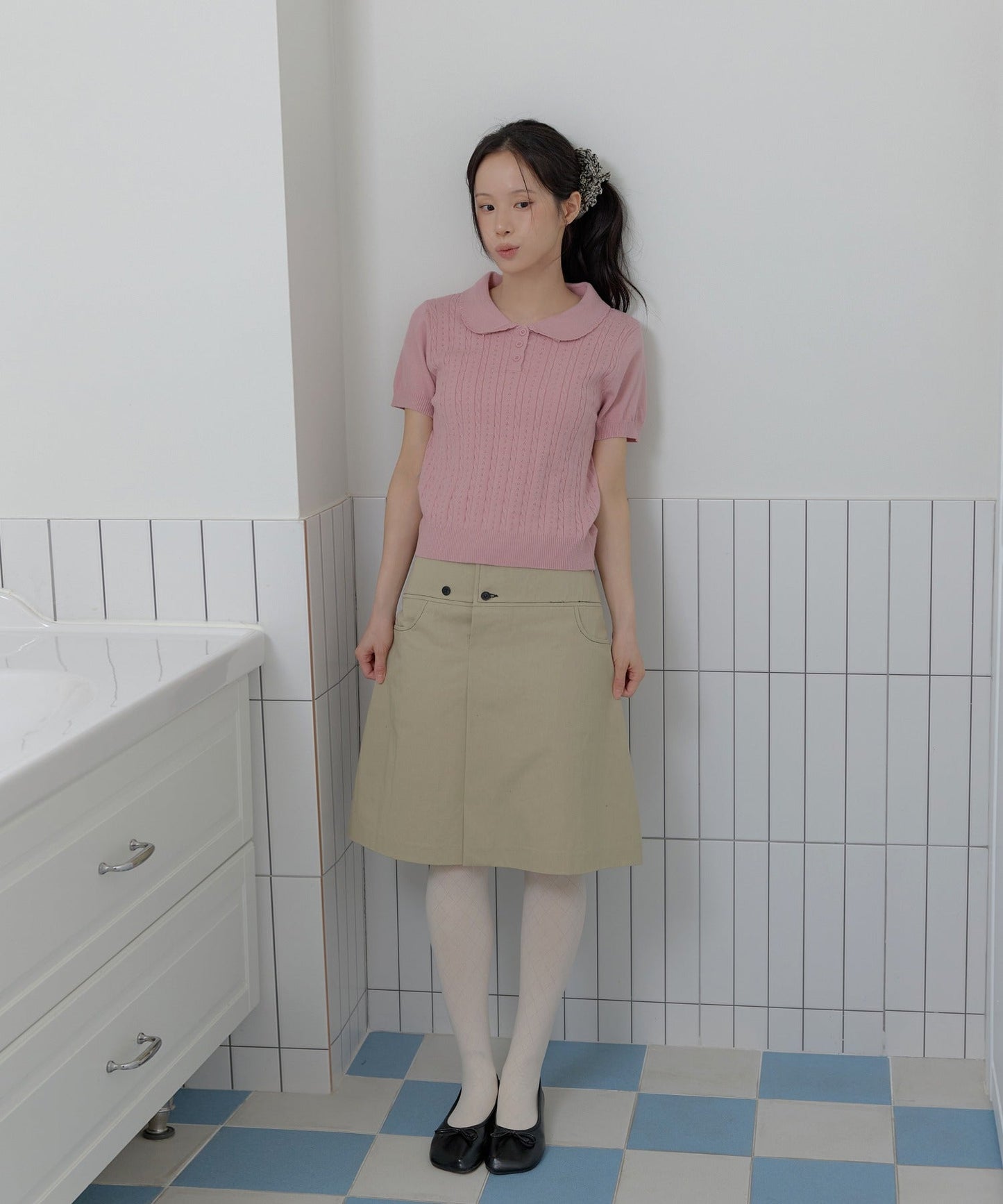 【好みやスタイリングに合わせて選べる豊富な6カラー展開】ラブリーラウンドカラーケーブル編み半そでスプリングニット