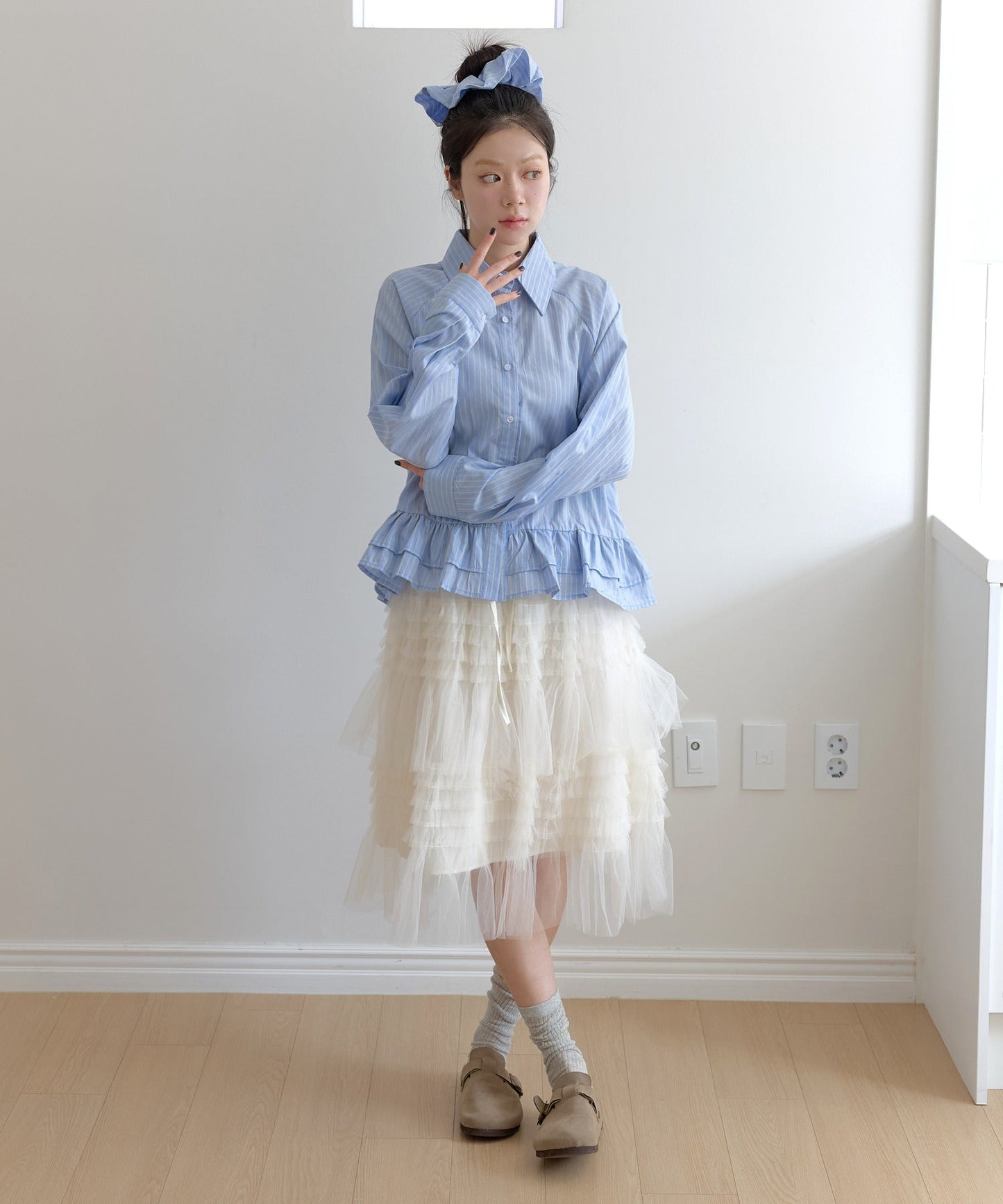 ストライプフリルシュシュ&ラブリーフリルストライプシャツブラウスSET