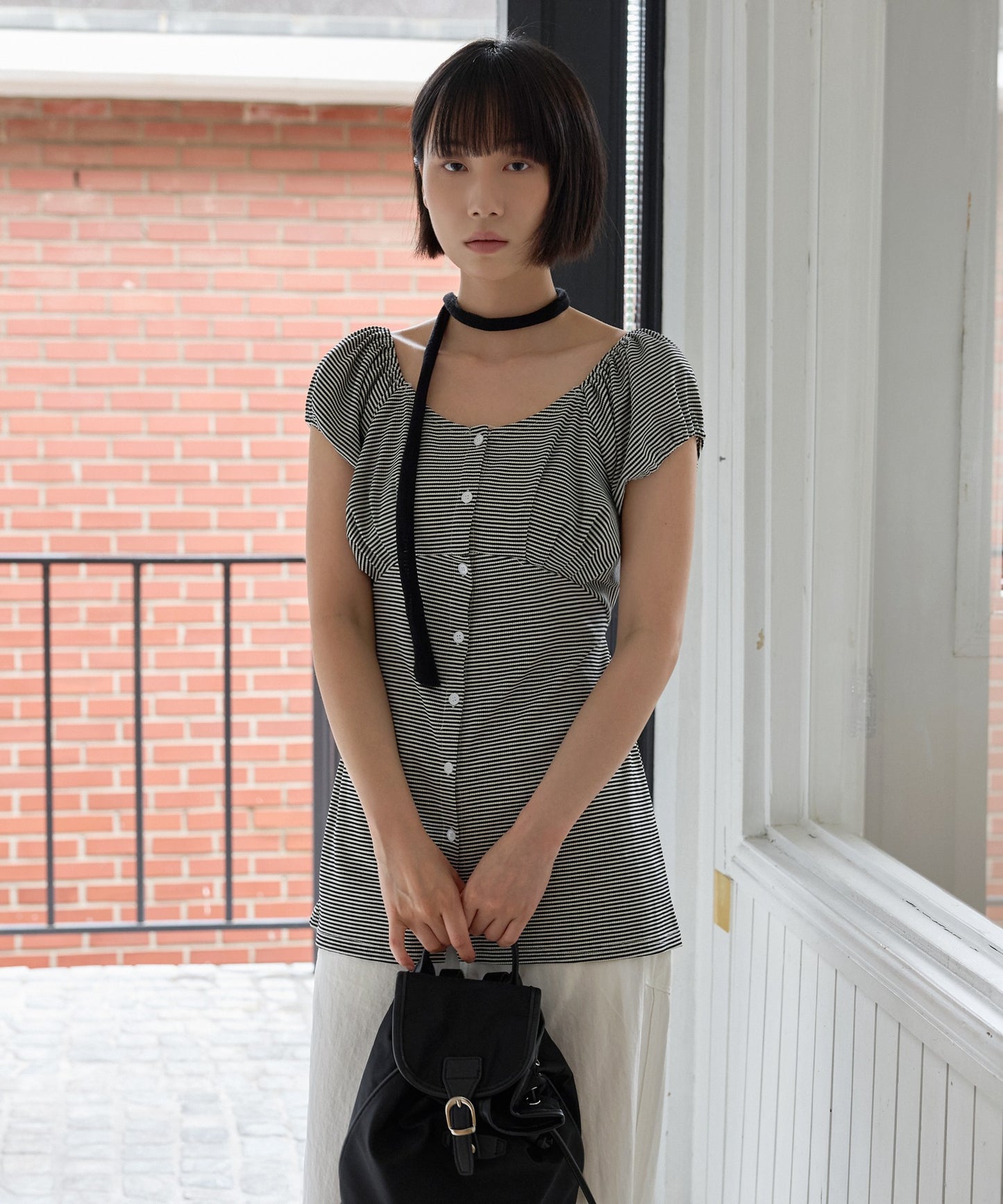 【UNE ORIGINAL】 ユニークレースジャガードウエストマークリボンパフミニドレスワンピース
