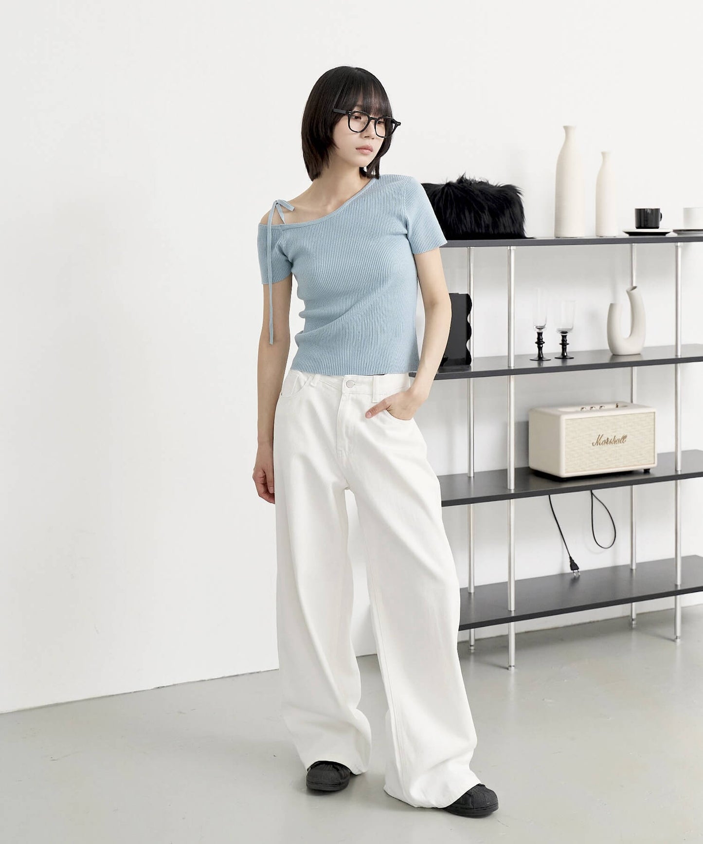 [UNE ORIGINAL]ワンオフショルダーストリングリボンサマーニットTシャツカットソー