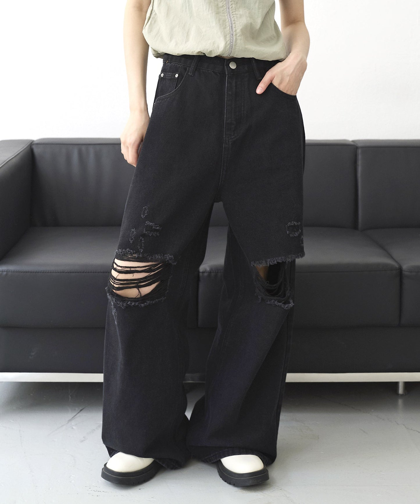 【UNISEX】ビンテージウォッシングダメージワイドデニムパンツ