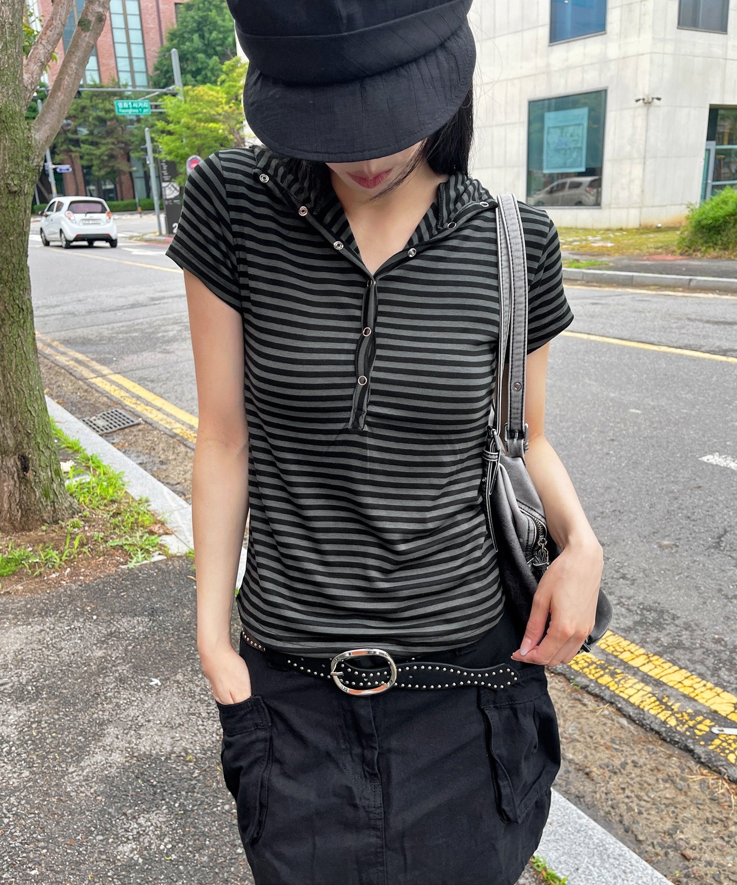 【オリジナル】 シルバースナップボタンユニークストライプ ビッグフードTシャツカットソー