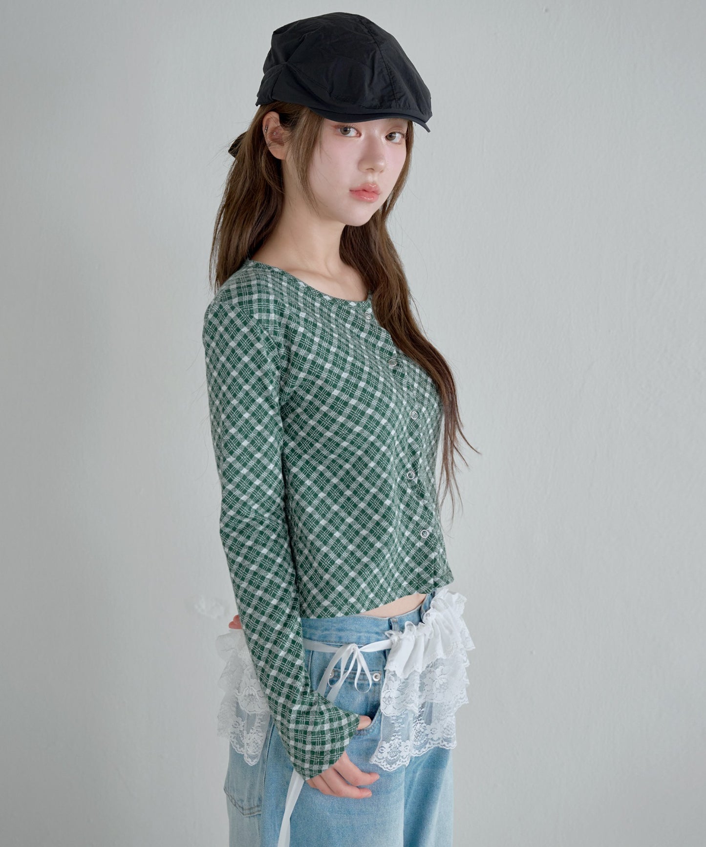 【UNE ORIGINAL】スナップシルバーボタンラブリーチェックカーディガン