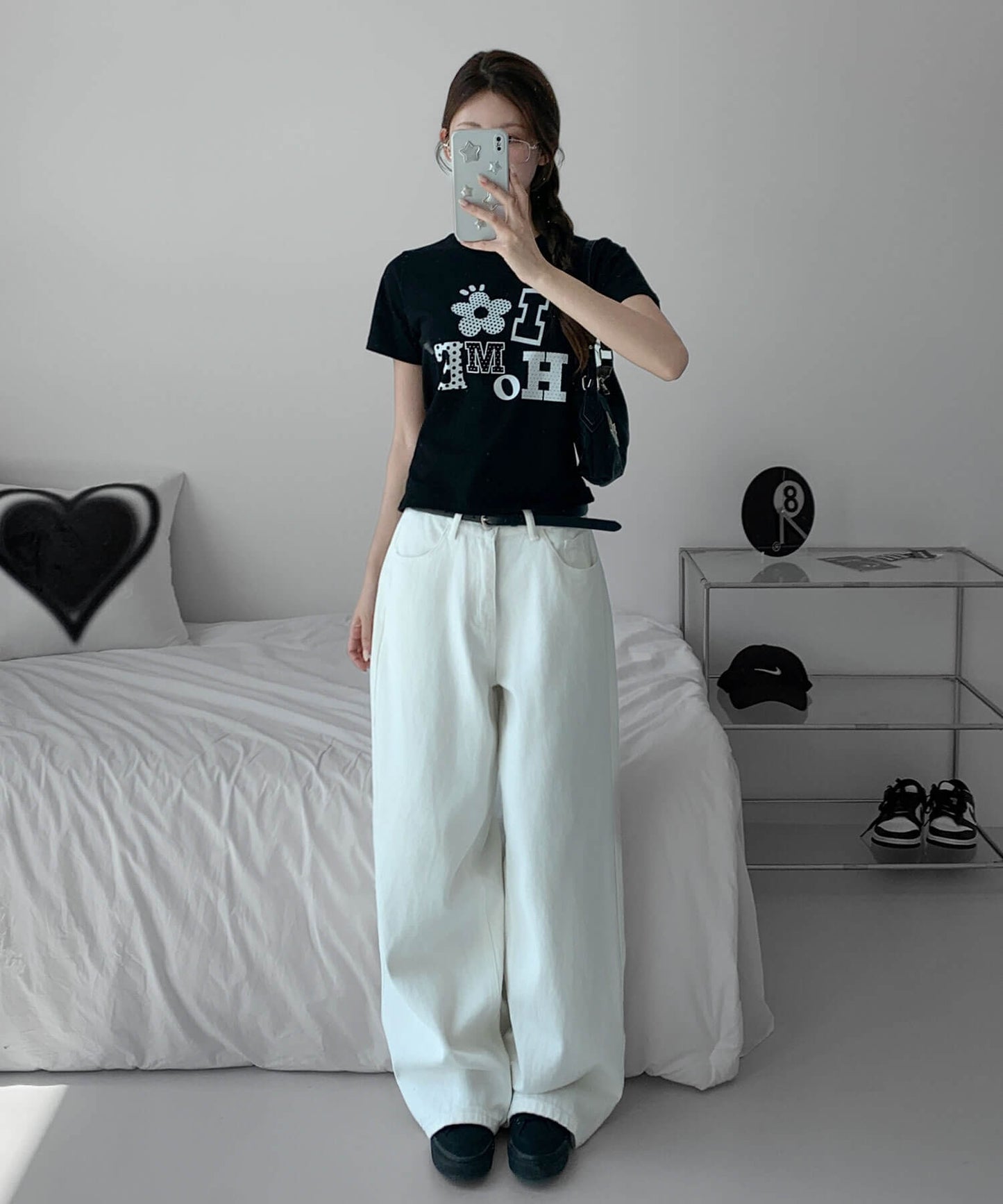 アロップホームDOTパターンフラワーアプリケットロゴクロップド半袖Ｔシャツ