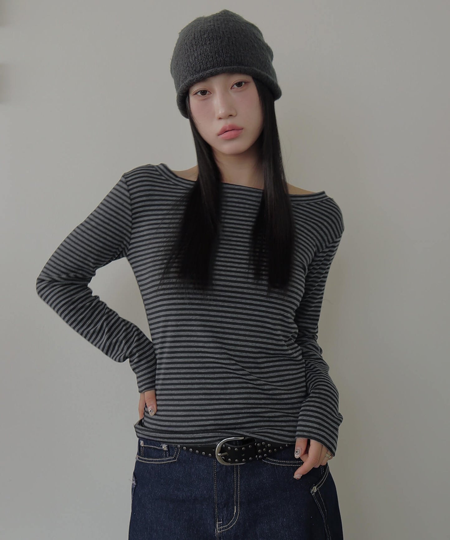 ストライプワンショルダー長袖Tシャツカットソー