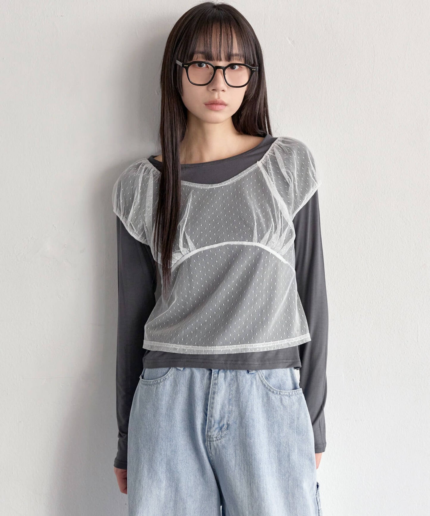 【UNE ORIGINAL】3WAYシースルーレイヤードドットショルダーパフ半袖T＆ラフUネックベーシックカットソーSET