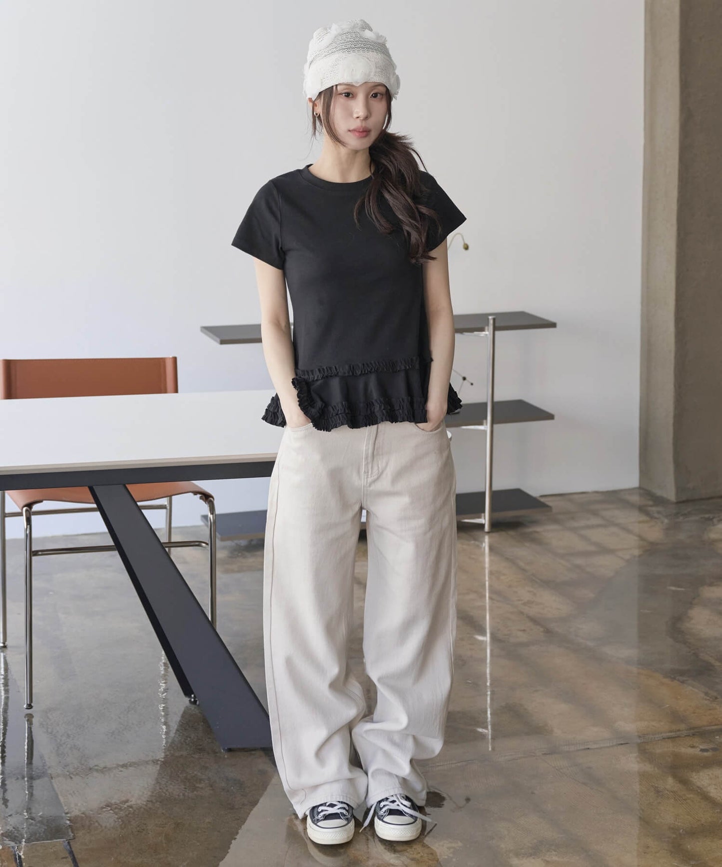 カンカンレースフリル レイヤード半袖Tシャツカットソー ラウンド