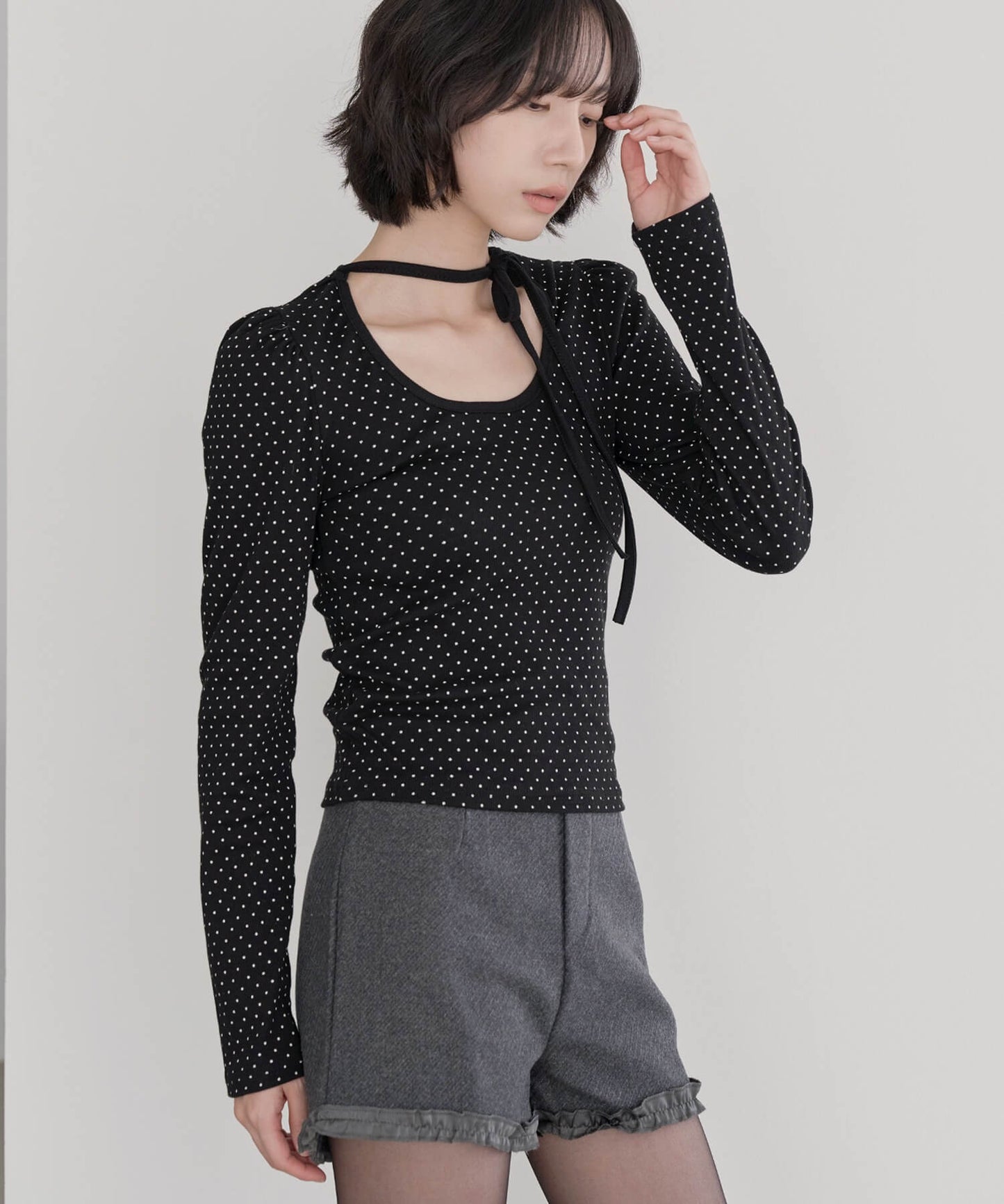 バレエコアラブリーUネックリボンドットショルダーパフ長袖Tシャツカットソー