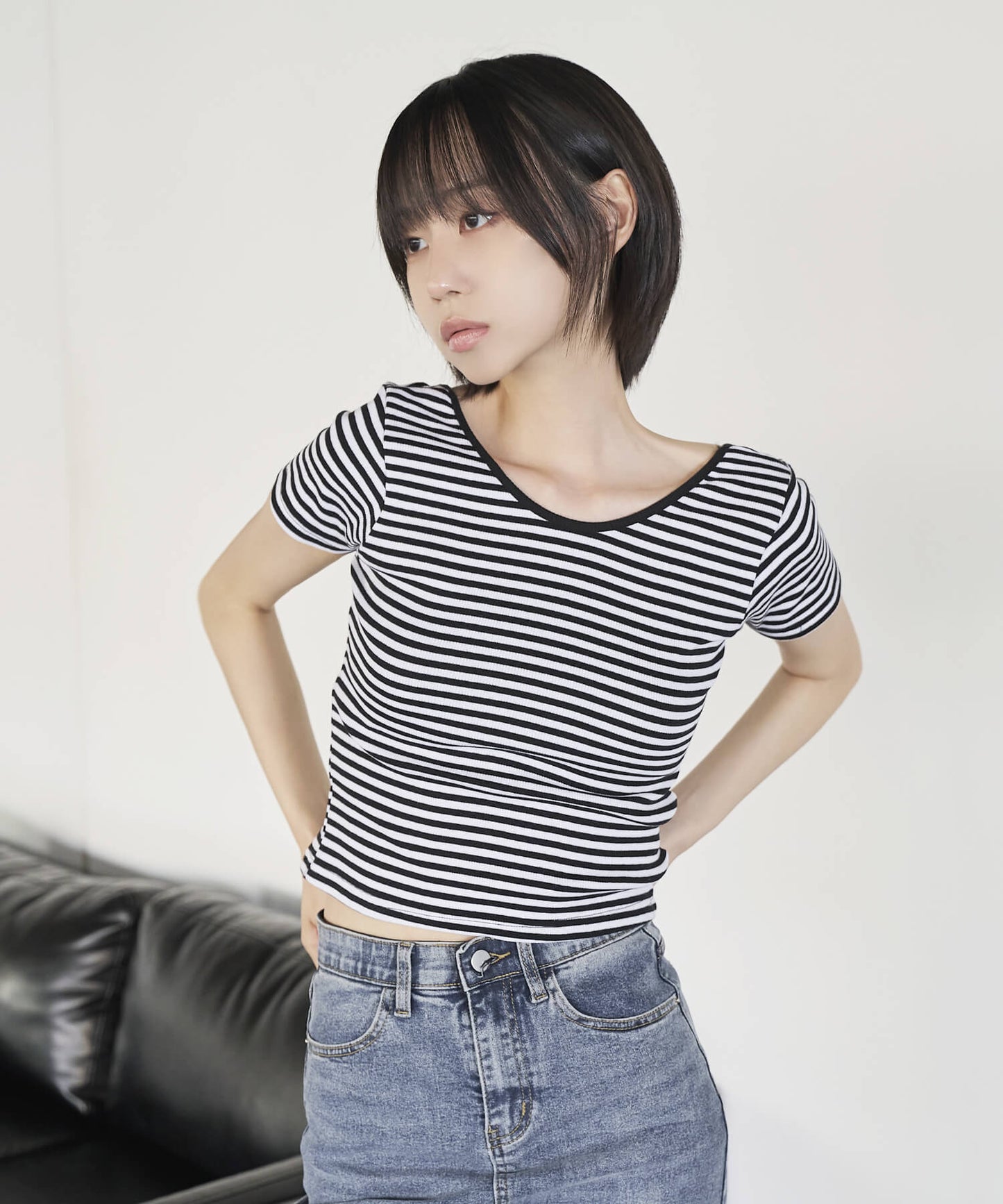 バックストリングUネックボーダーリブニット半袖Tシャツ