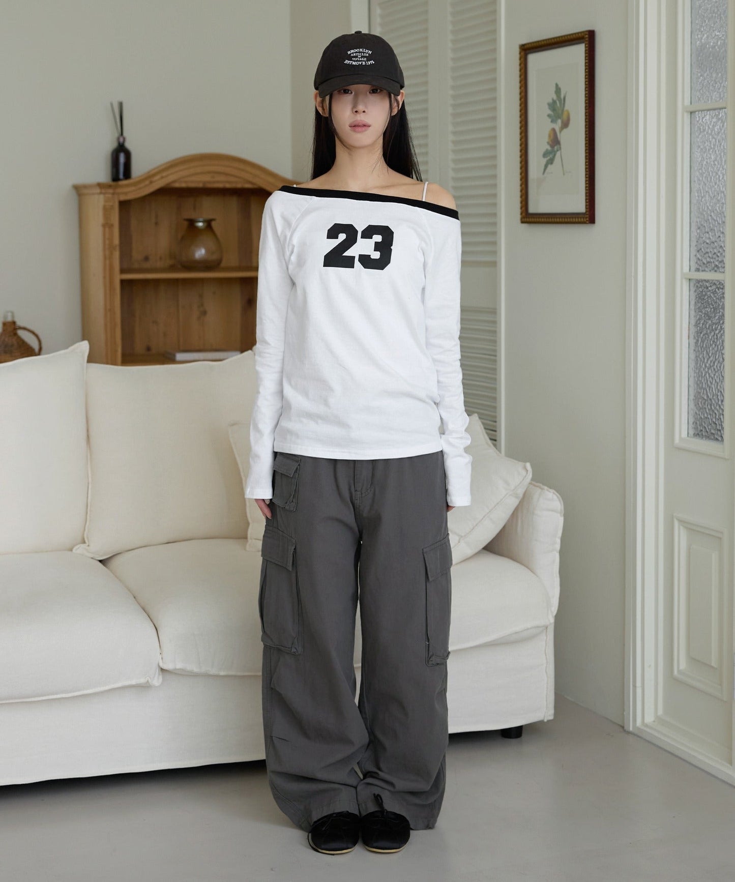 【オフショルダー/ワンショルダー2WAY着用可能】バイカラーナンバリング長袖Tシャツカットソー