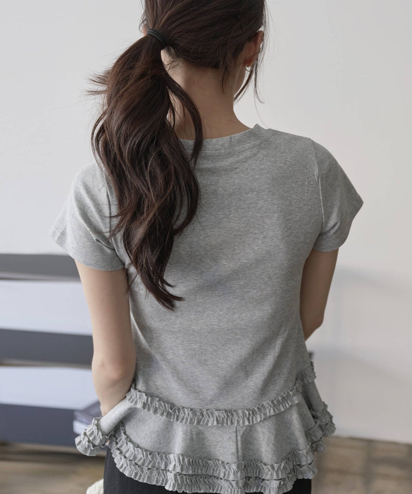 カンカンレースフリル レイヤード半袖Tシャツカットソー ラウンド