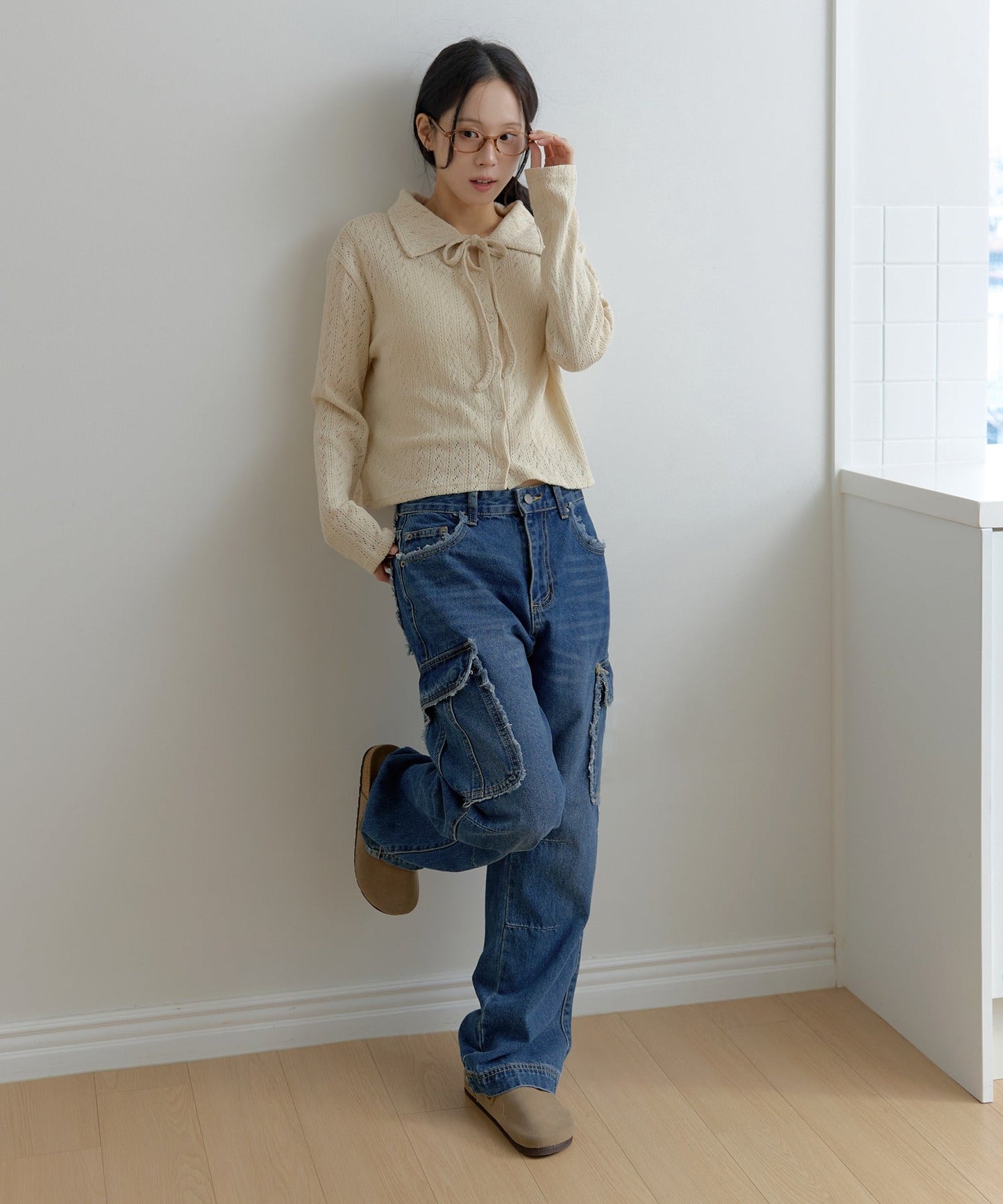 フリンジユニークラインカーゴストレートデニムパンツ