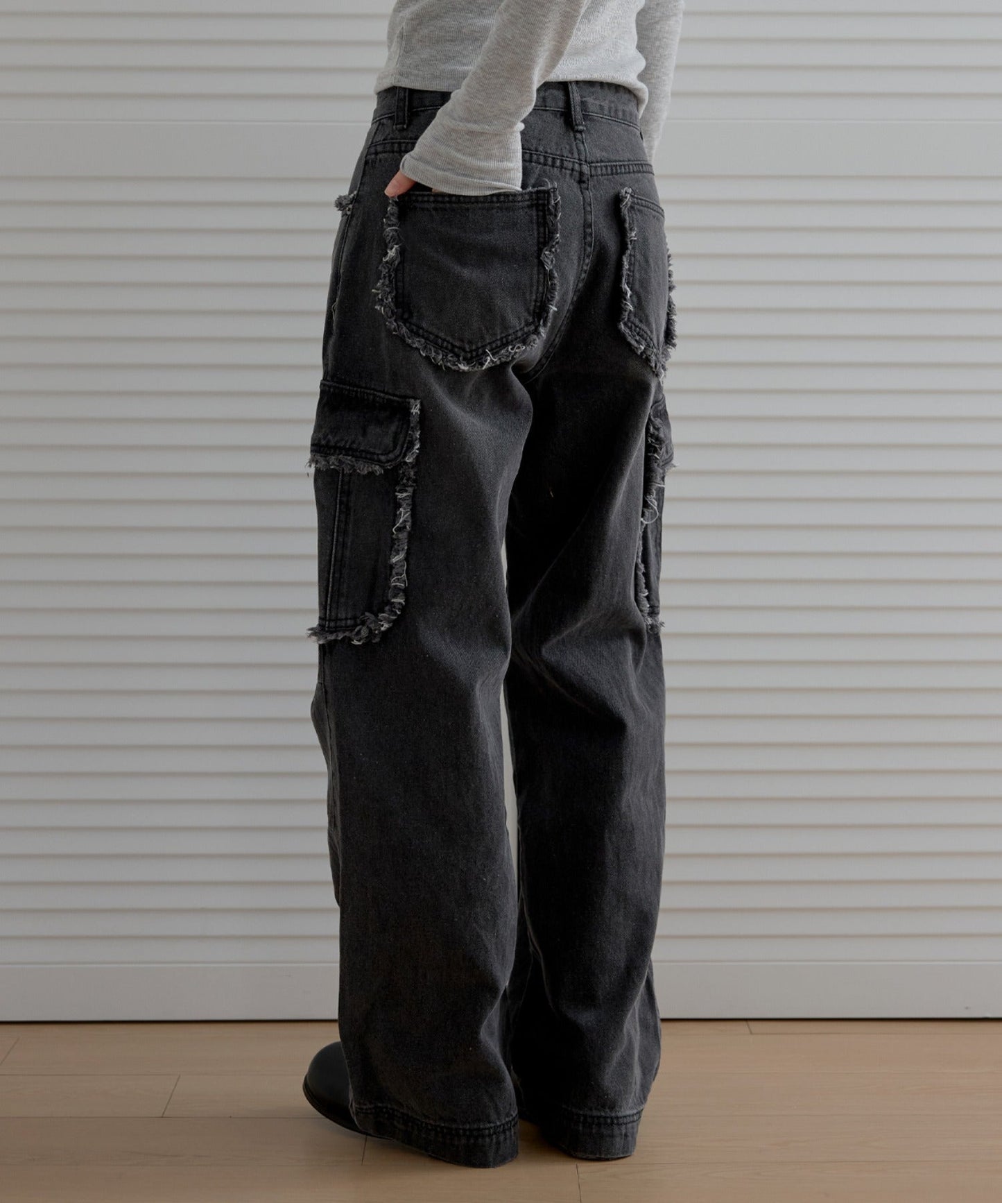 フリンジユニークラインカーゴストレートデニムパンツ