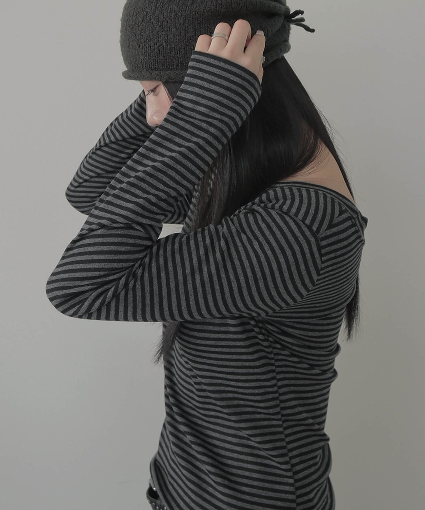 ストライプワンショルダー長袖Tシャツカットソー