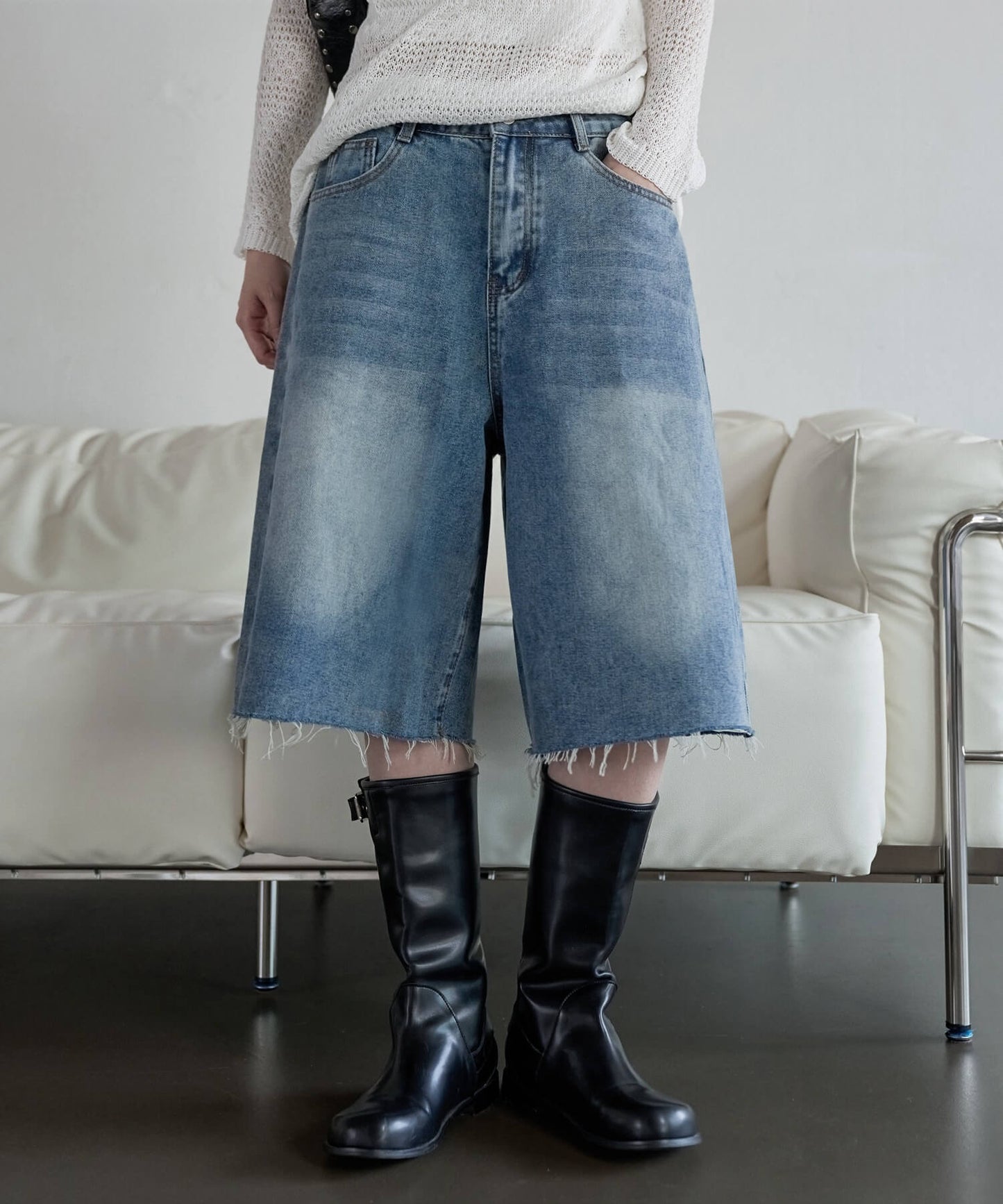 【ユニセックス着用可能】腰履きカットオフバミューダワイドビンテージデニムハーフパンツ
