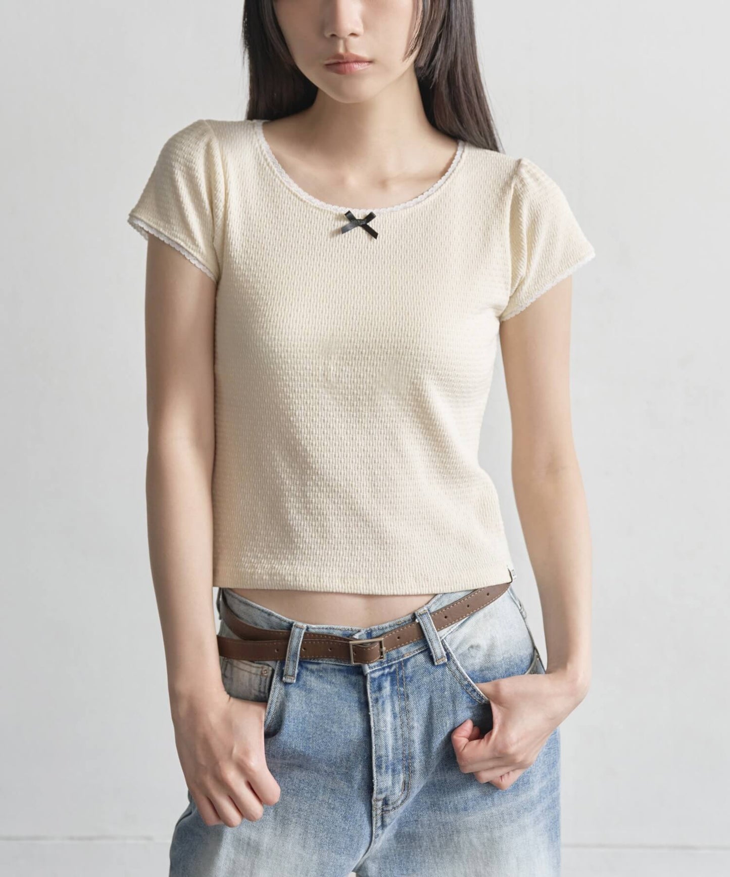 【UNE ORIGINAL】 ワッフルリボンレースショルダーパフ半袖Tシャツ