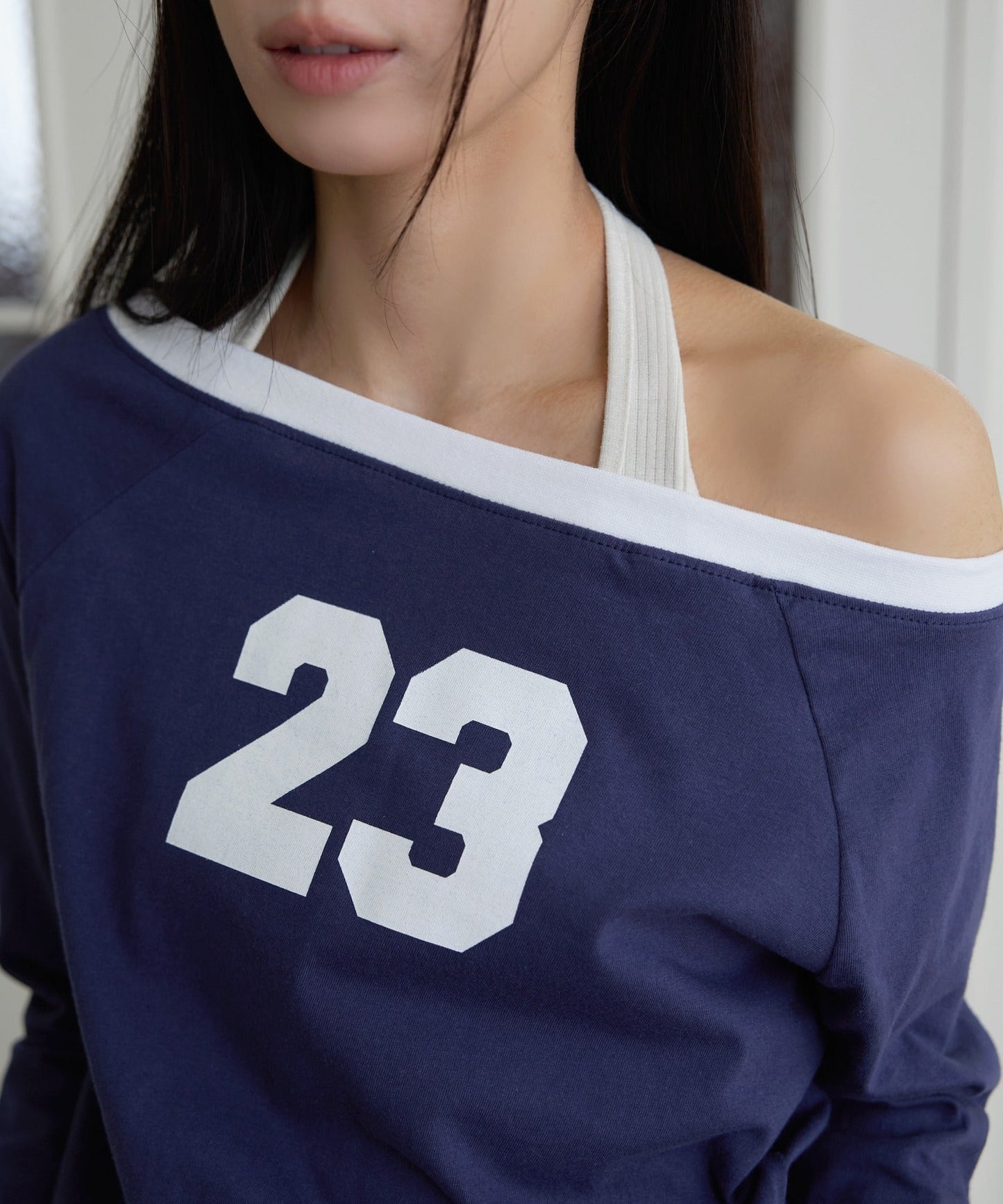 【オフショルダー/ワンショルダー2WAY着用可能】バイカラーナンバリング長袖Tシャツカットソー