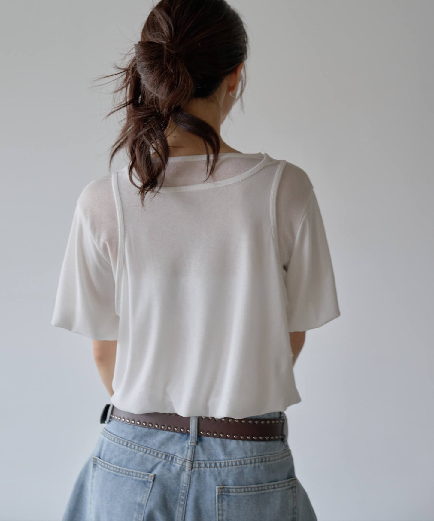 パステルキャンディレイヤードシースルーバルーンセミクロップドTシャツブラウスカットソー