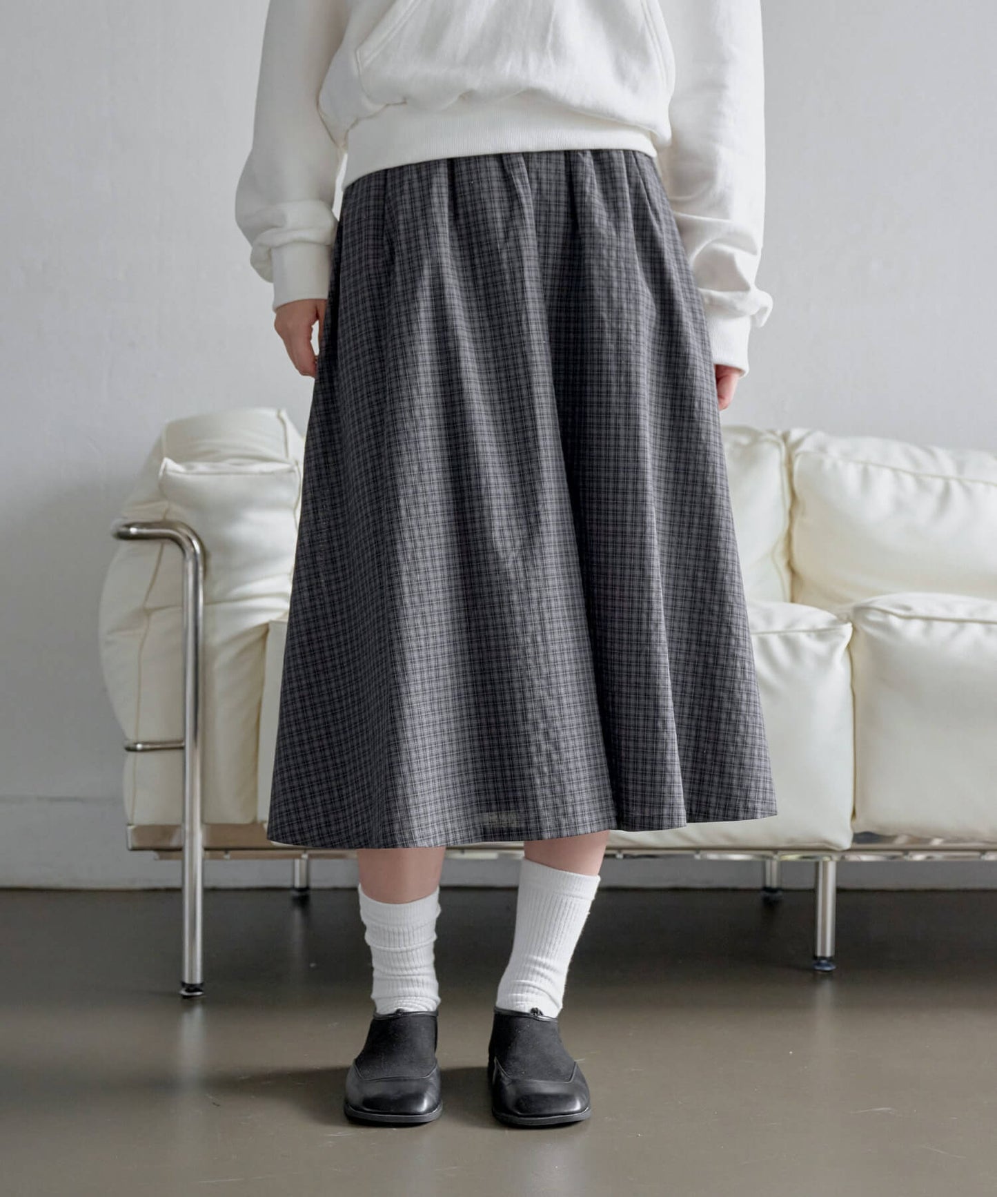 ウエストゴムチェックフレアミディスカート